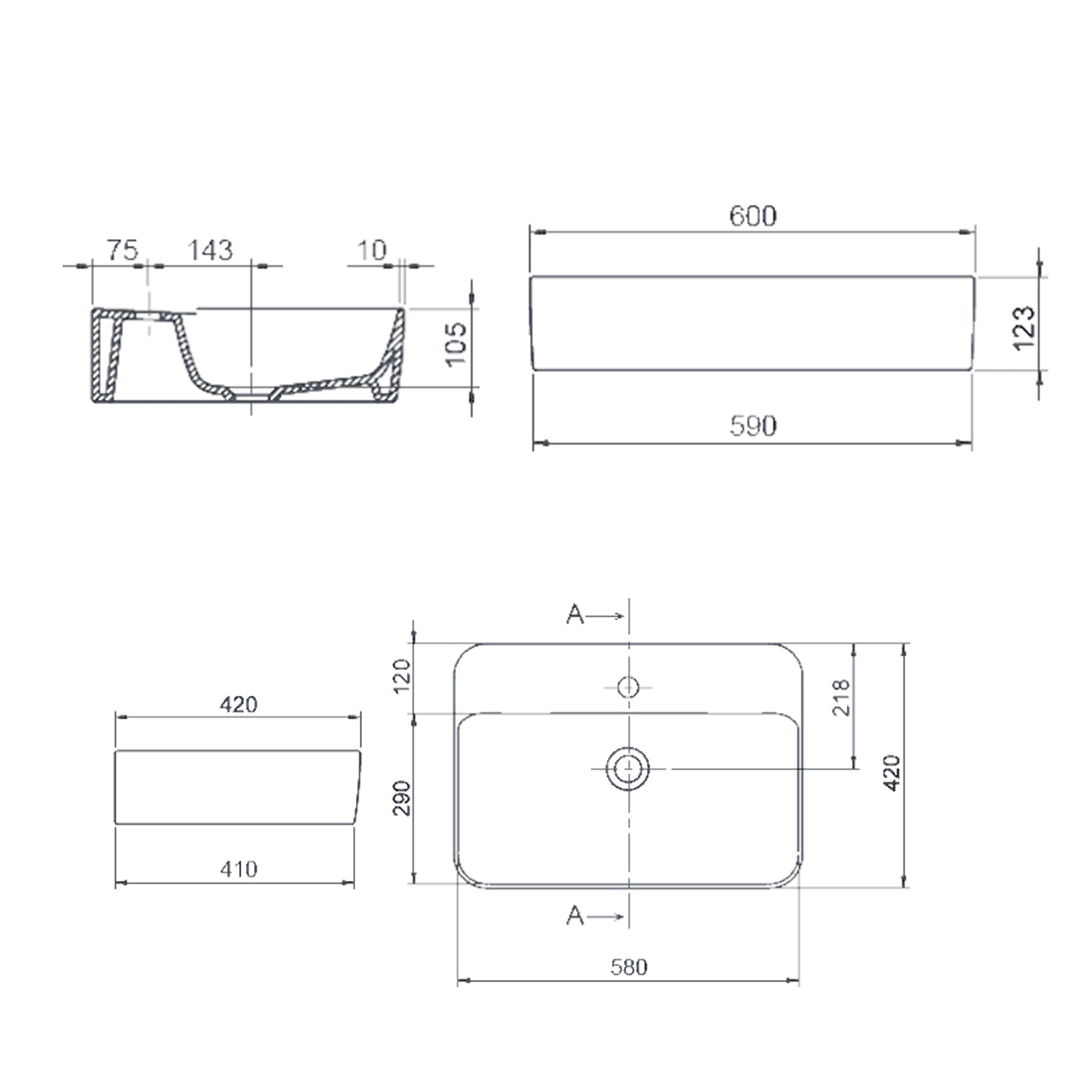 Lavabo da appoggio rettangolare BathCore 60x42 cm con foro rubinetteria - Bianco lucido 2