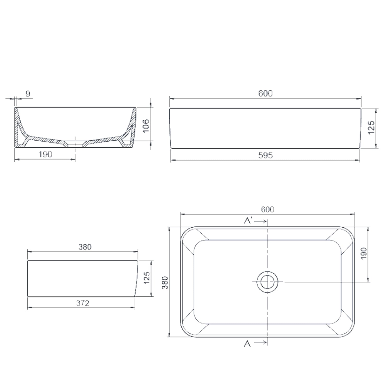 Lavabo da appoggio rettangolare BathCore 60x38 cm - Bianco lucido 2