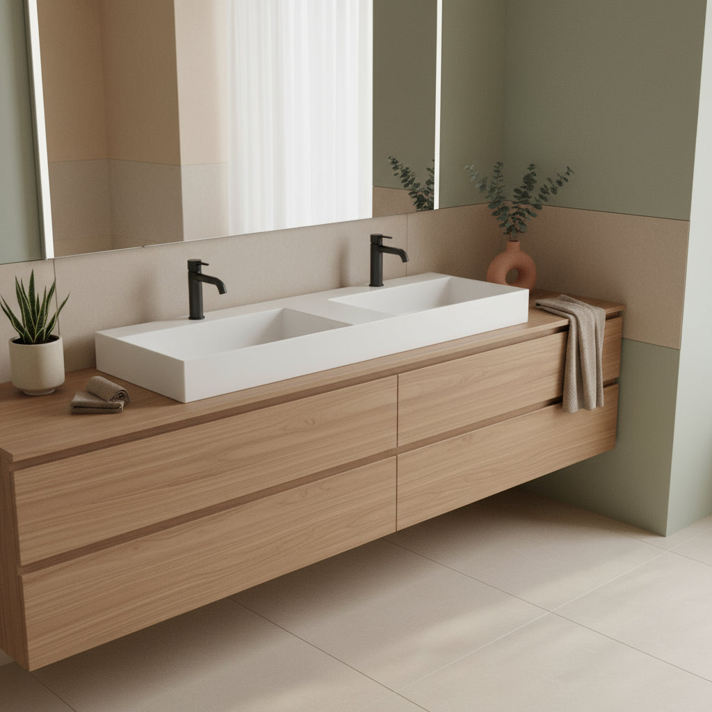 Lavabo da appoggio/sospeso squadrato con doppia vasca Ceramica Azzurra Elegance 142x45 cm - Bianco Lucido