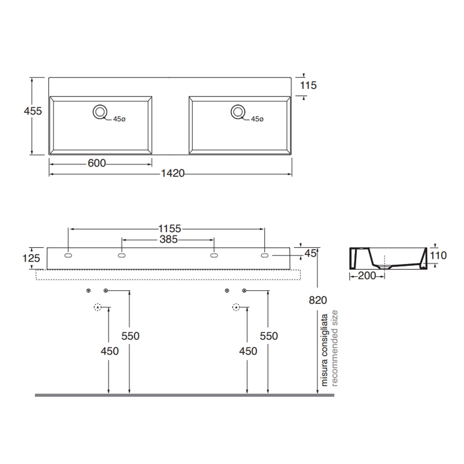  Lavabo da appoggio/sospeso squadrato con doppia vasca Ceramica Azzurra Elegance 142x45 cm - Bianco Lucido