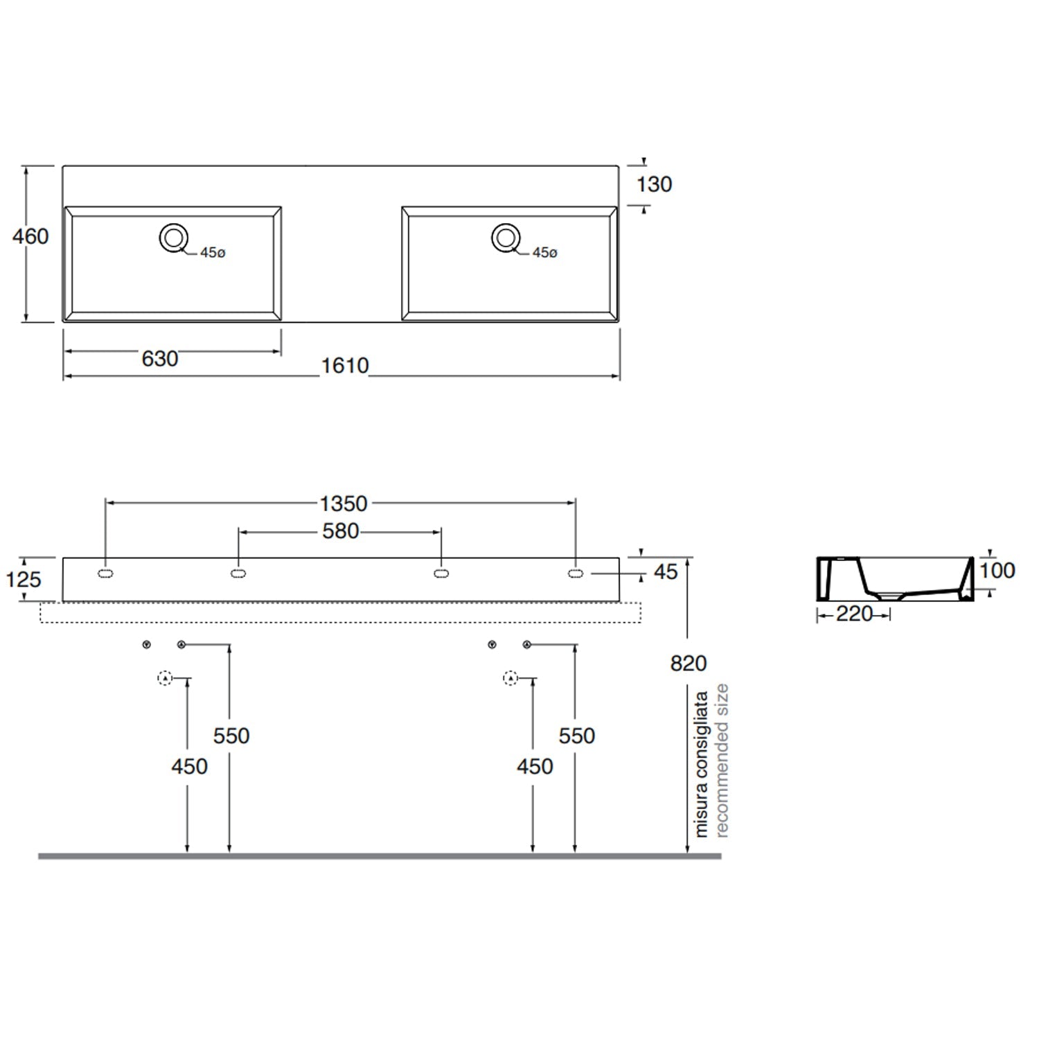  Lavabo da appoggio/sospeso squadrato con doppia vasca Ceramica Azzurra Elegance 161x46 cm - Bianco lucido