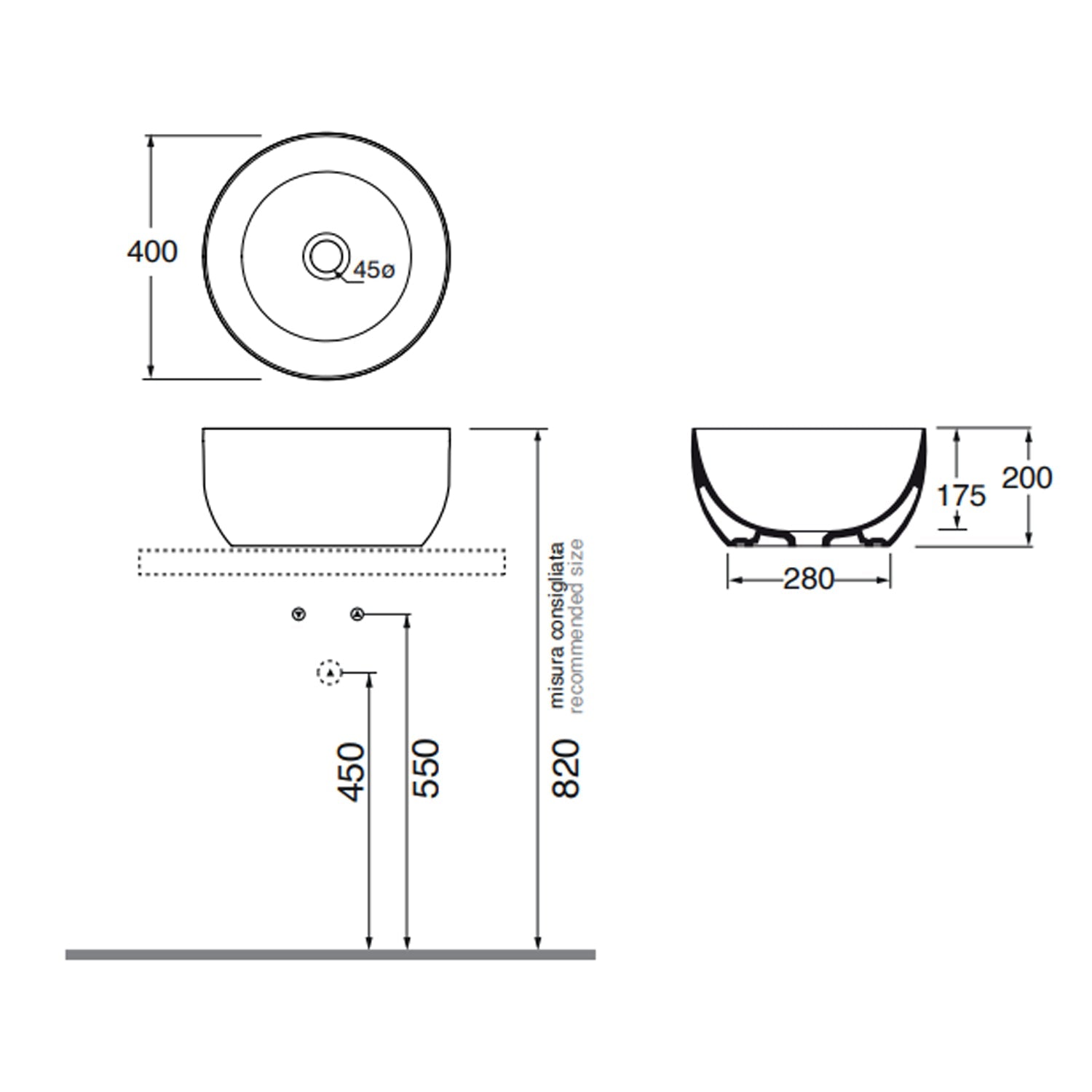  Lavabo da appoggio Ceramica Azzurra Elegance Circle à¸40x20H cm con bordo sottile