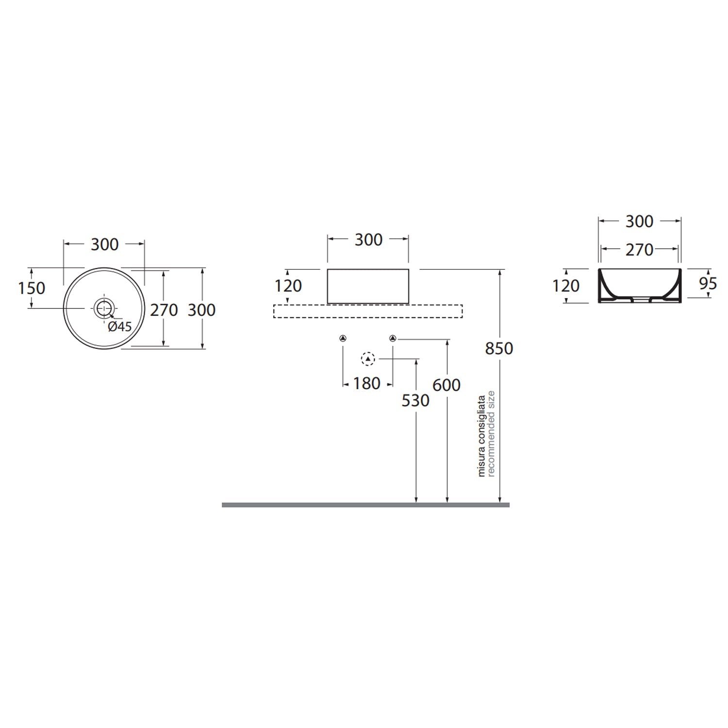  Lavabo da appoggio Ceramica Azzurra Elegance Circle à¸30x12H cm con bordo sottile