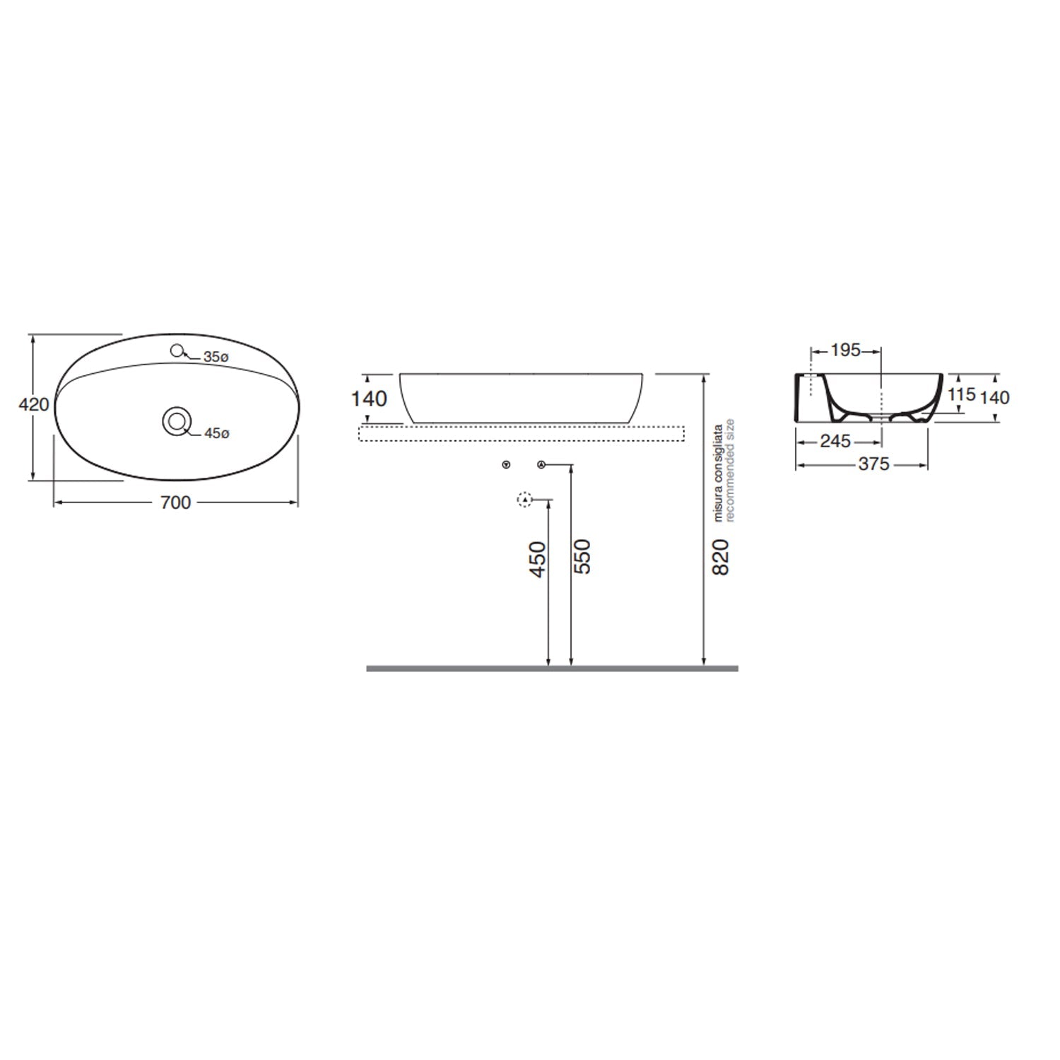  Lavabo da appoggio Ceramica Azzurra Elegance 70x42 con foro rubinetto - Bianco Lucido