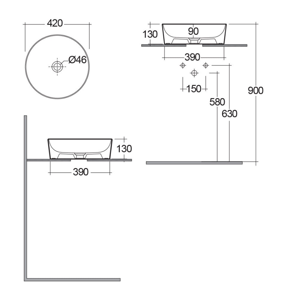  Lavabo da appoggio tondo bordi sottili Sensation in ceramica diametro 42 cm- Bianco Lucido