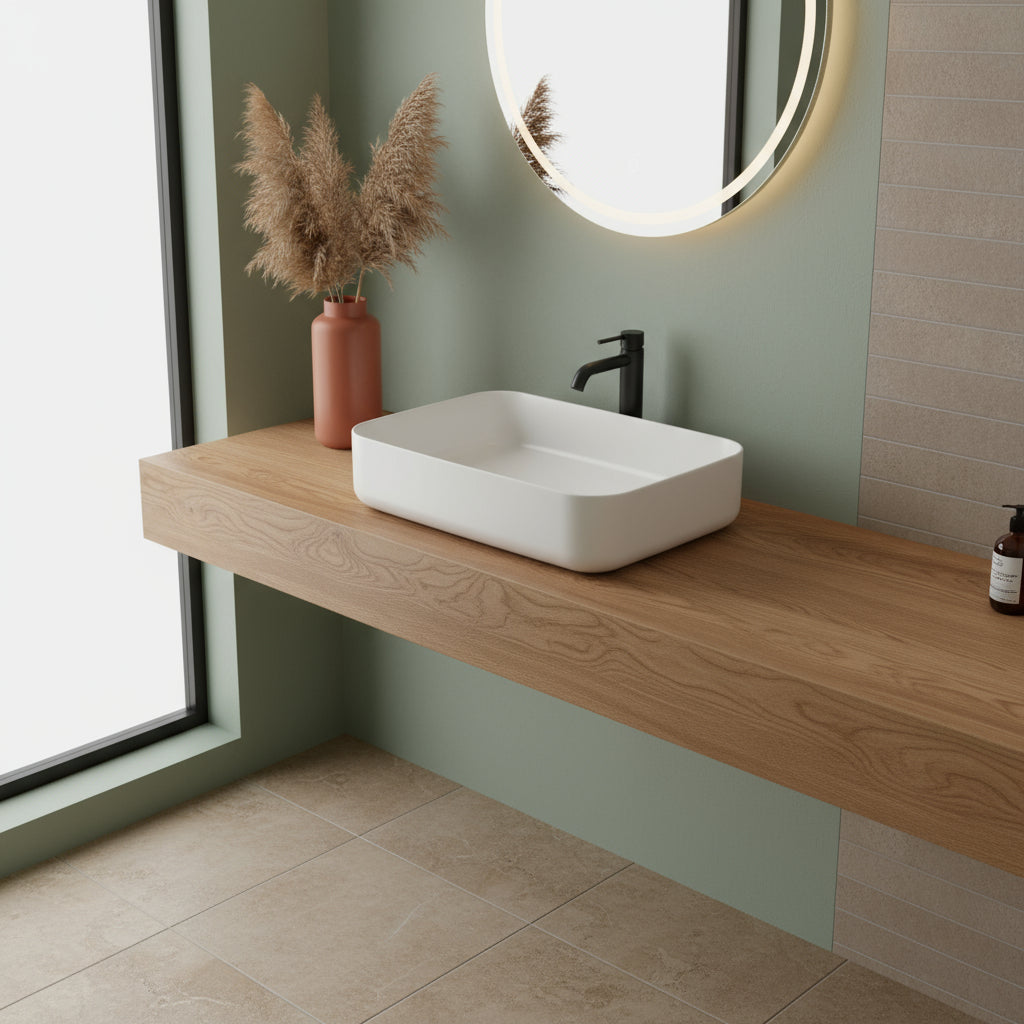 Lavabo d'appoggio rettangolare senza foro BathCore serie Infinity 50x36 color Bianco Lucido