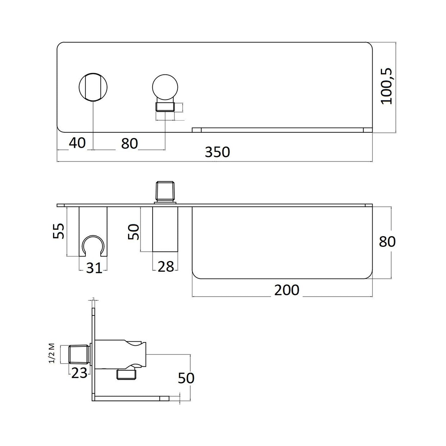 Presa acqua con mensola, supporto doccia fisso tondo e doccia Artist di Sphera Docce 3