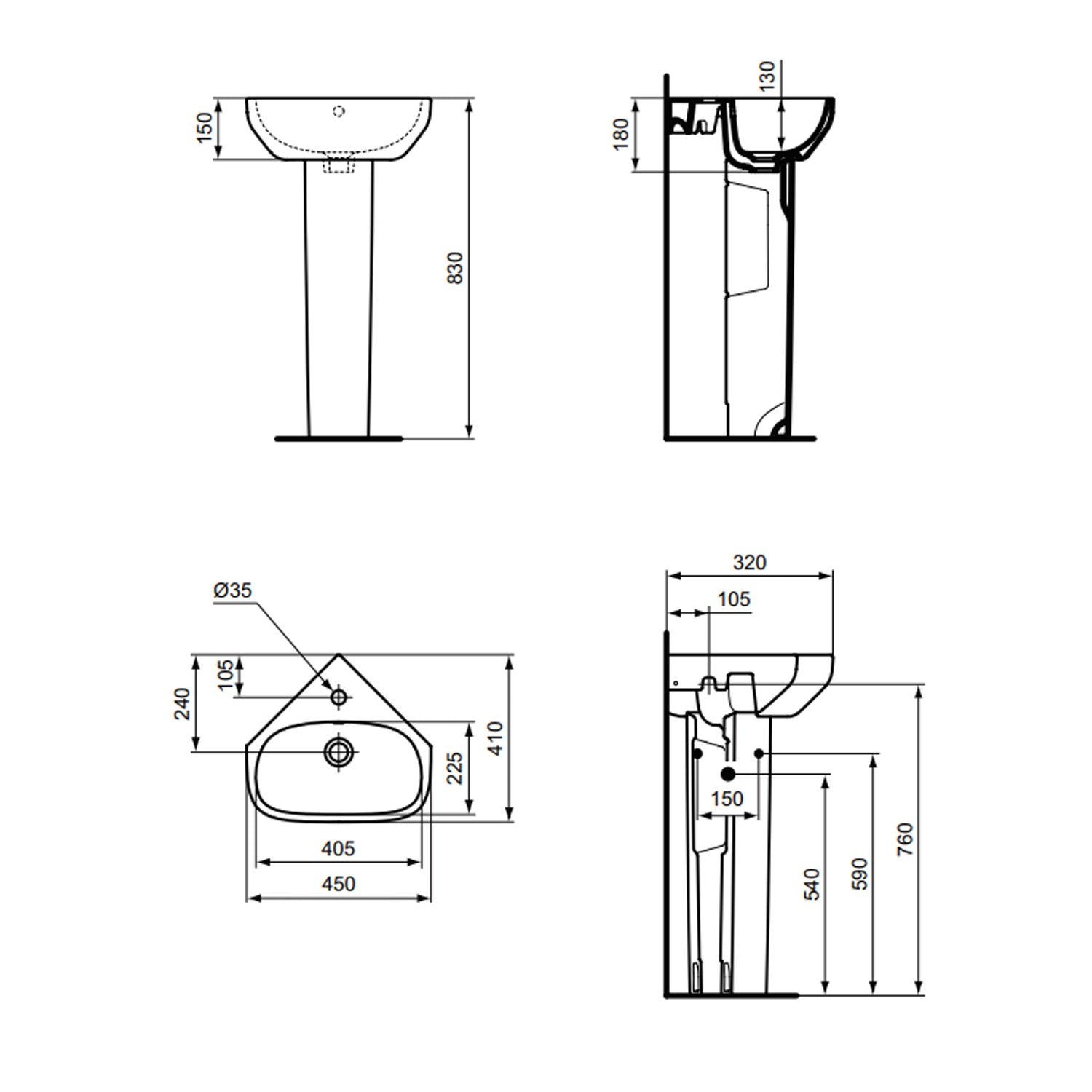 Lavabo sospeso Ideal Standard modello i.life A angolare 45 cm 3