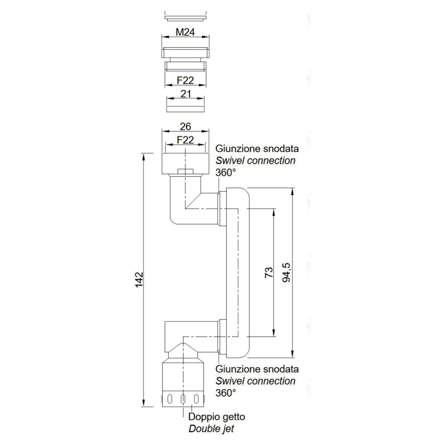 Prolunga aeratore multi snodato MF F22/M24 RubiFlux in ABS - 142 mm 2