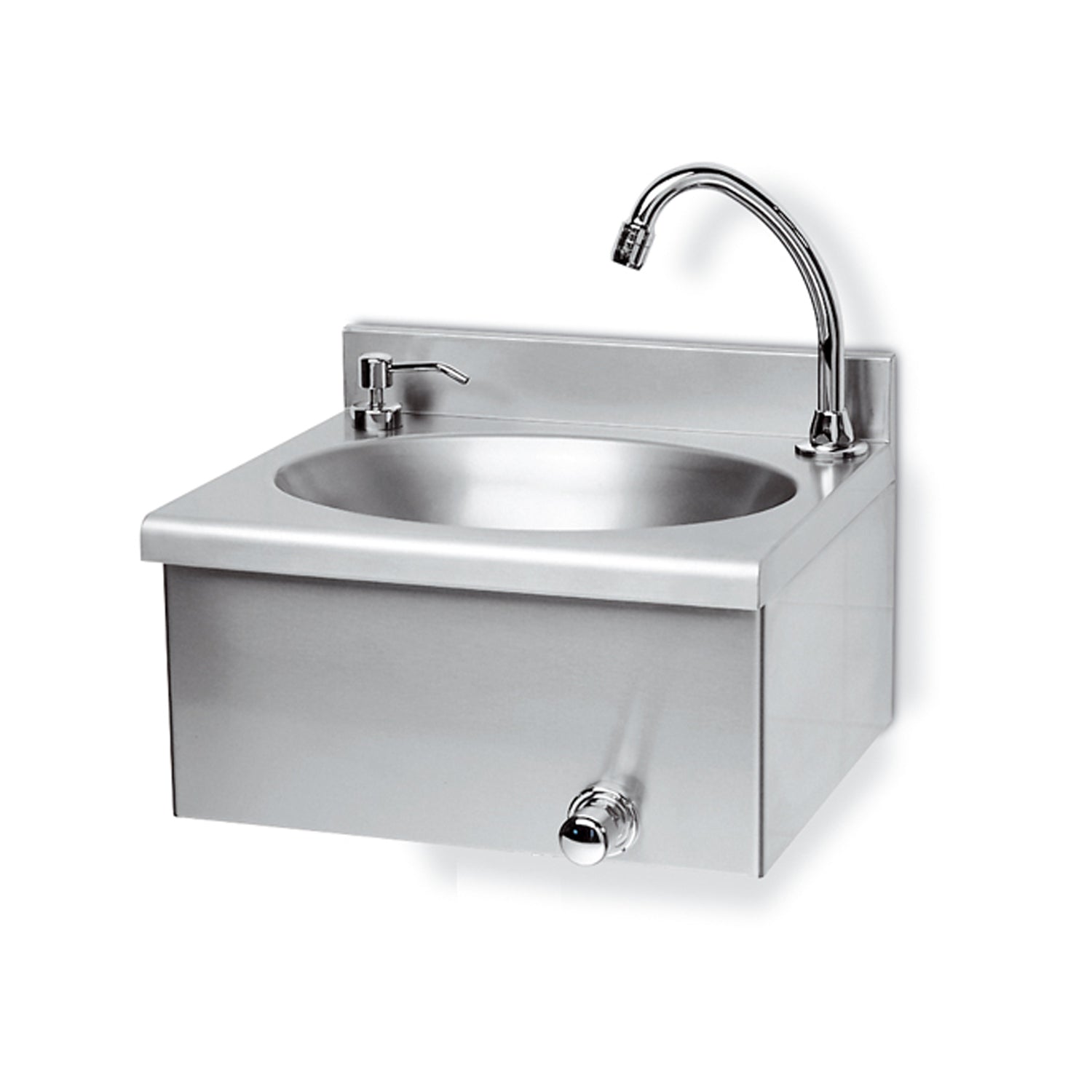 Lavamani in acciaio inox con comando a ginocchio e distributore sapone antivandalo cm 40x35x20,5 BathCore - Finitura satinata