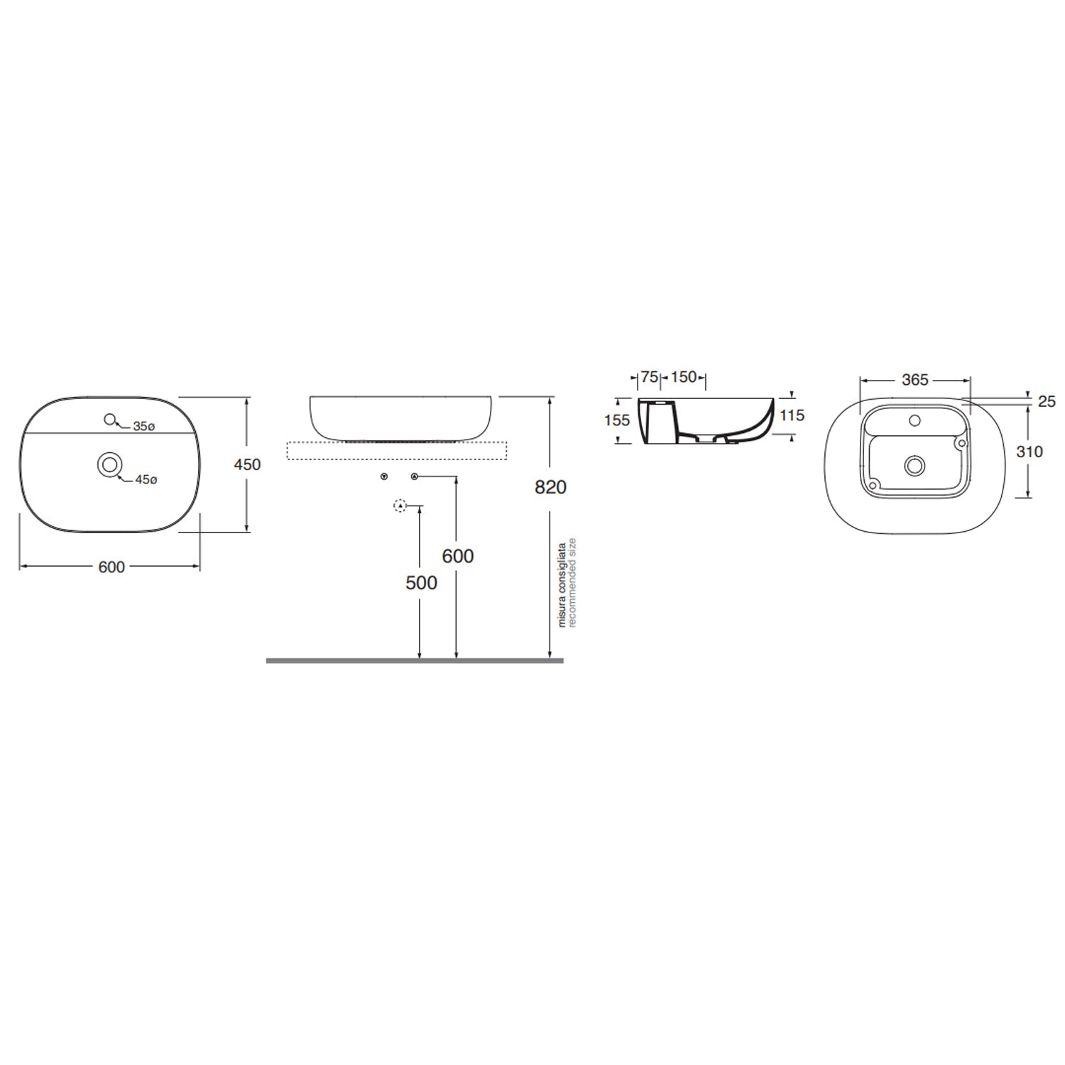  Lavabo da appoggio Azzurra Elegance Zip 60x45 cm con foro - Bianco lucido