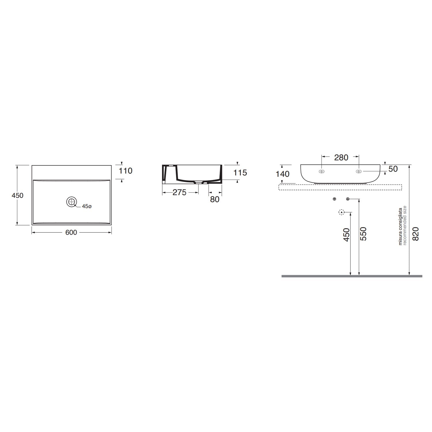  Lavabo da appoggio Azzurra linea Leuca 60x45 cm - Bianco lucido