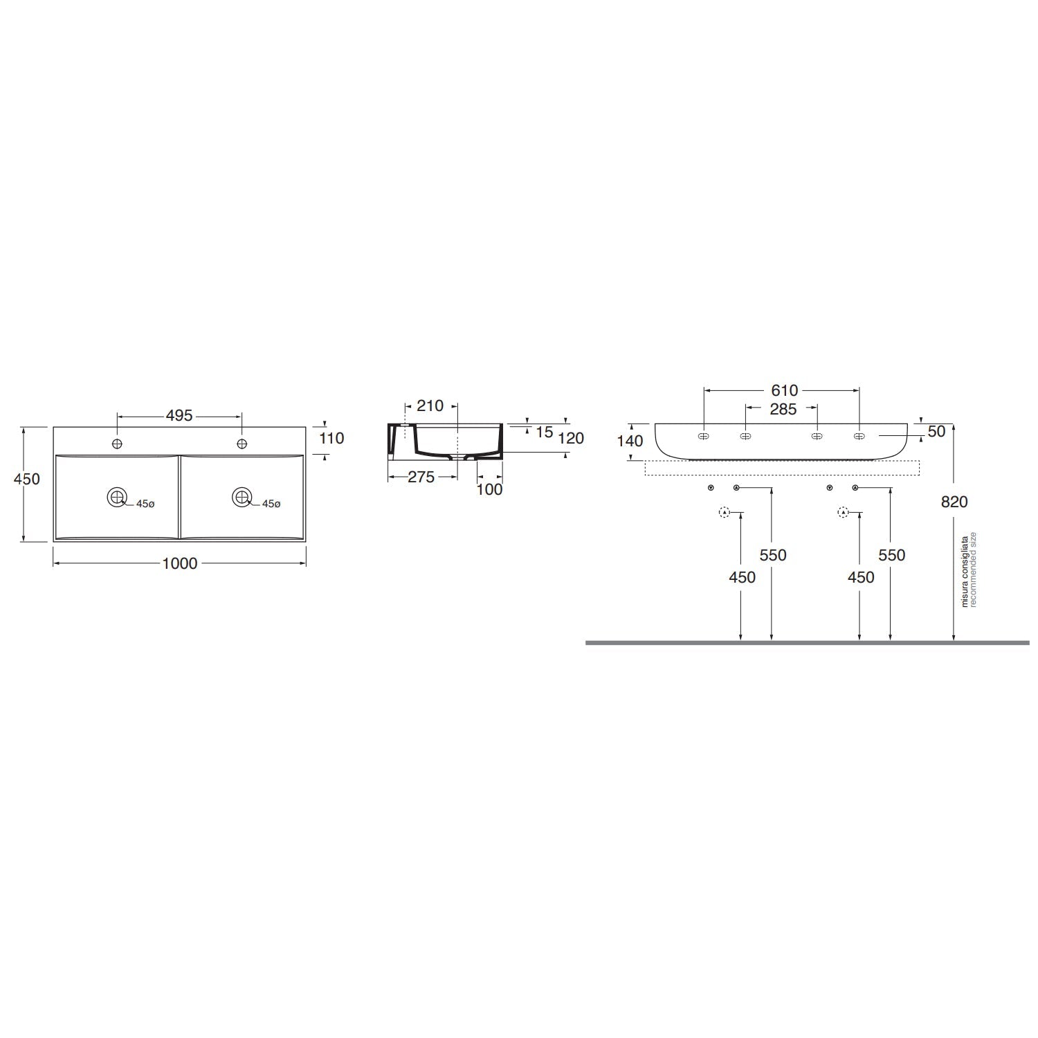  Lavabo da appoggio Azzurra linea Leuca a due vasche 100x45 cm con fori - Bianco lucido