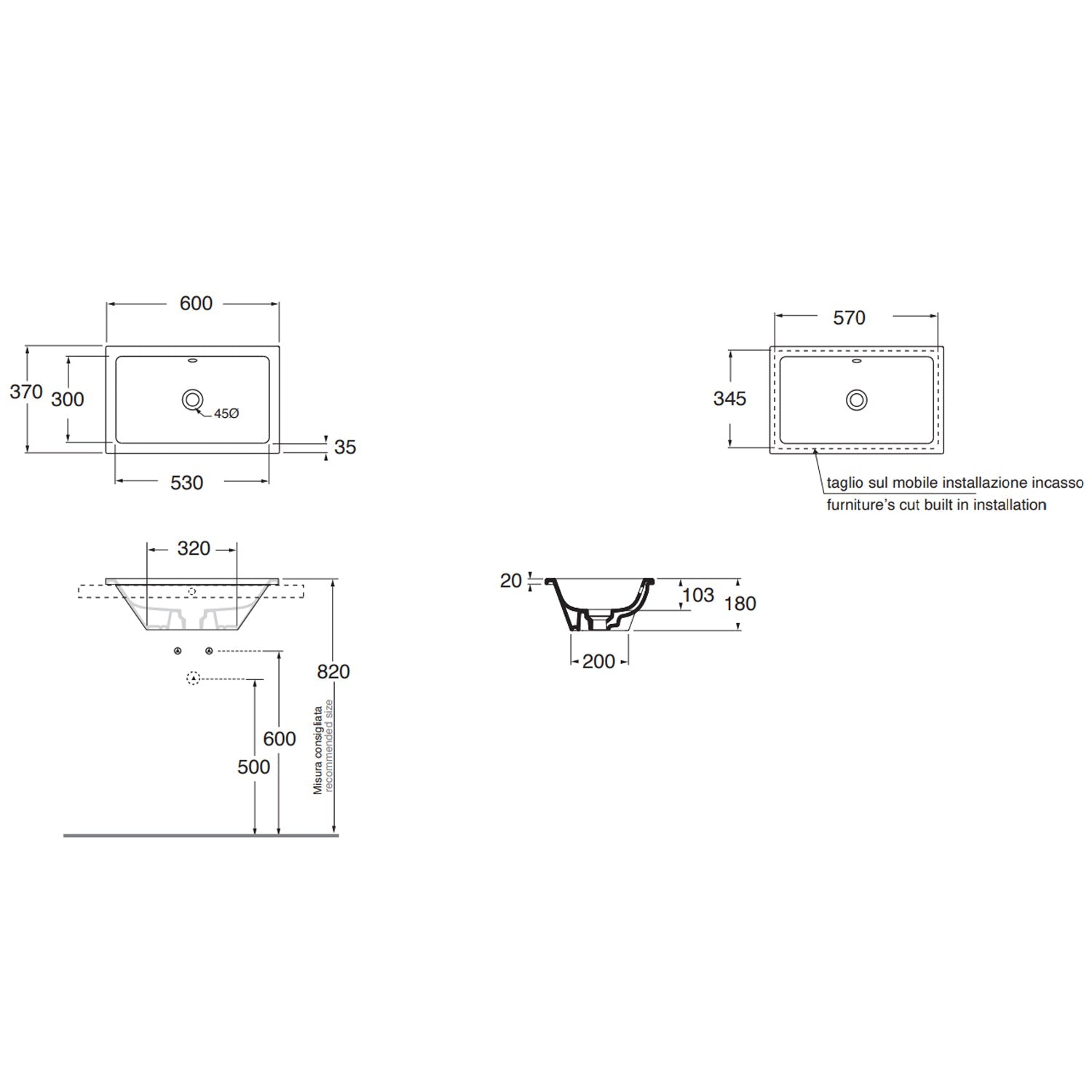  Lavabo ad incasso Azzurra Built-in Dual 60x37 cm con foro troppopieno - Bianco lucido by CeramicStore | Lo specialista del tuo bagno