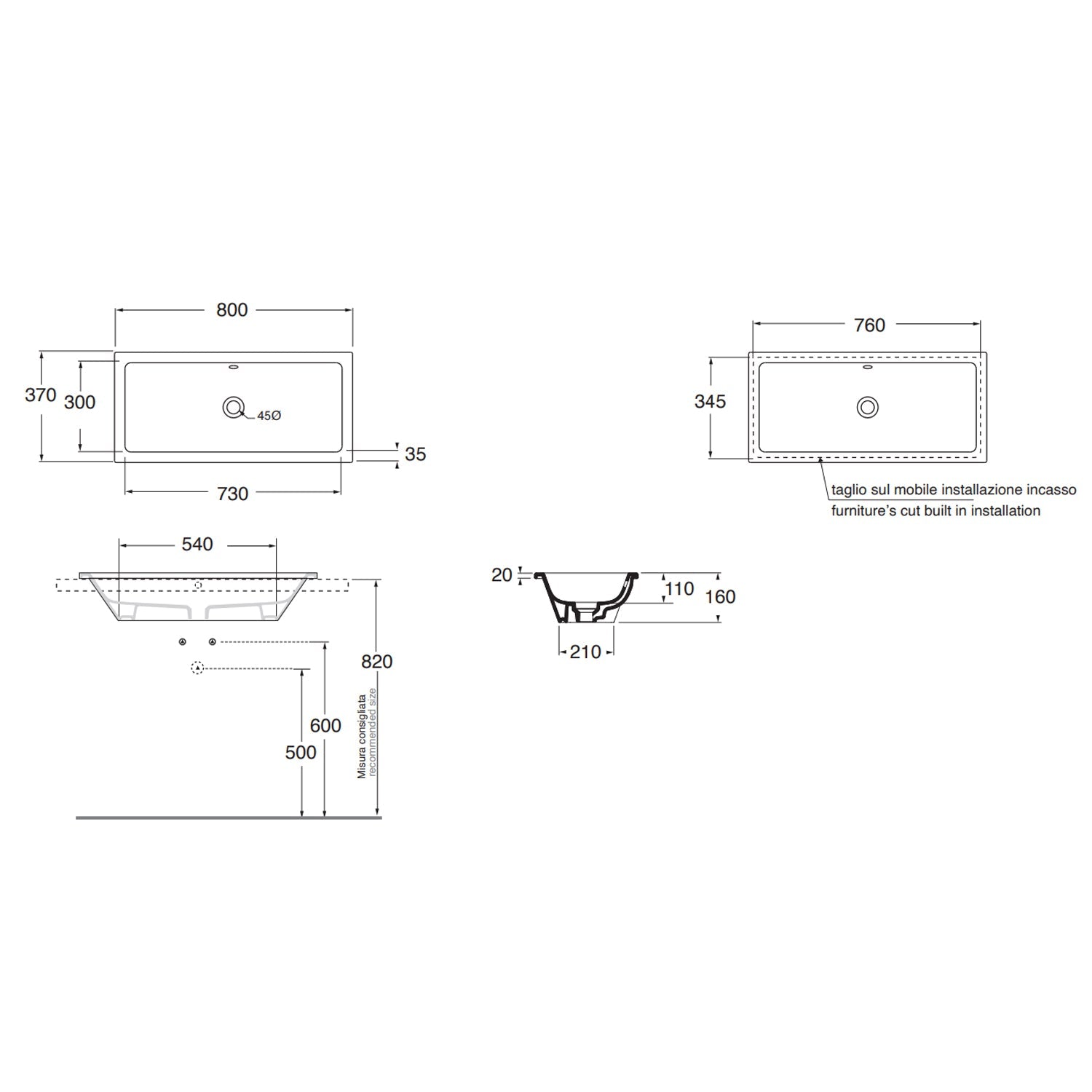  Lavabo ad incasso Azzurra Built-in Dual 80x37 cm con foro troppopieno - Bianco lucido by CeramicStore | Lo specialista del tuo bagno