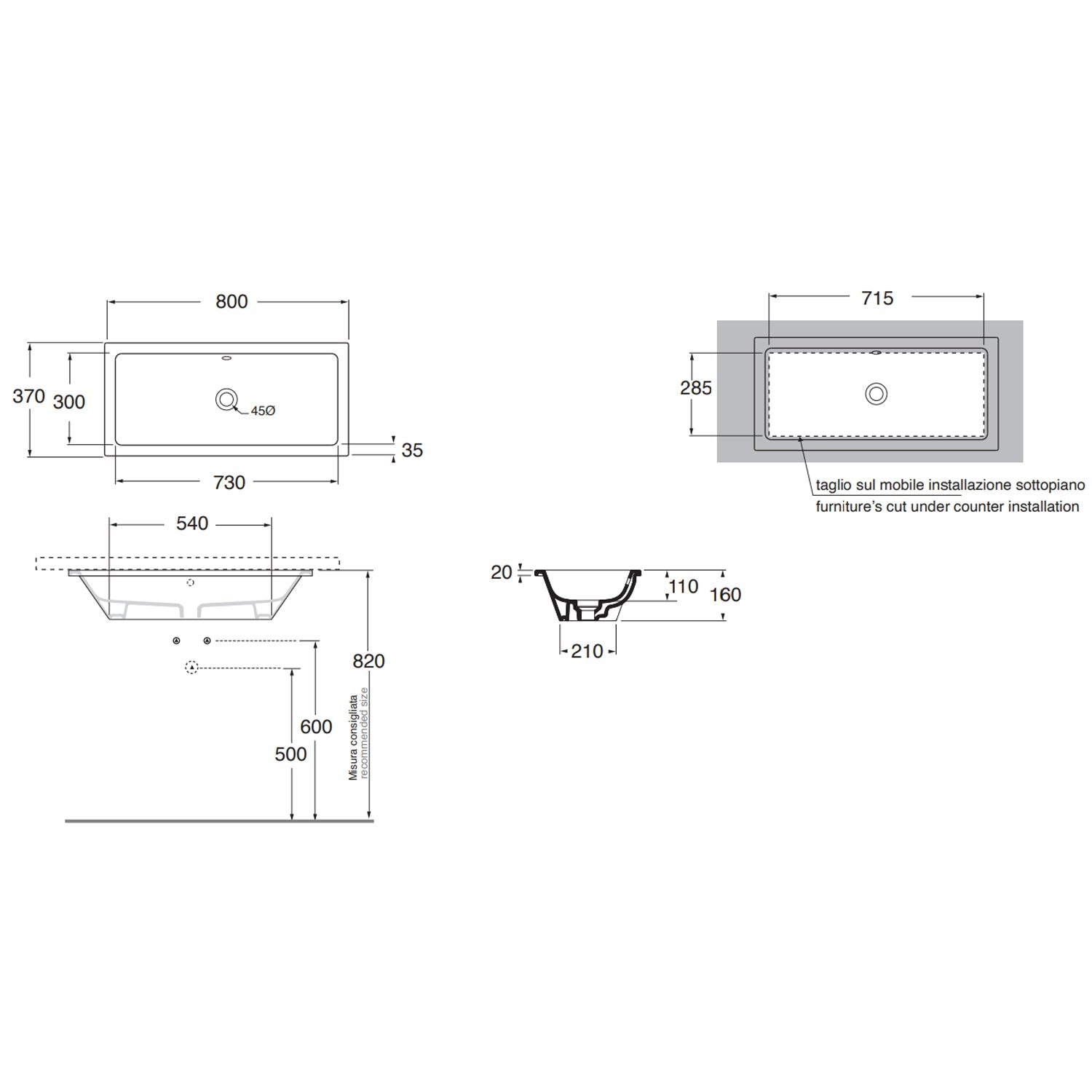  Lavabo sottopiano Azzurra Built-in Dual 80x37 cm con foro troppopieno - Bianco lucido by CeramicStore | Lo specialista del tuo bagno