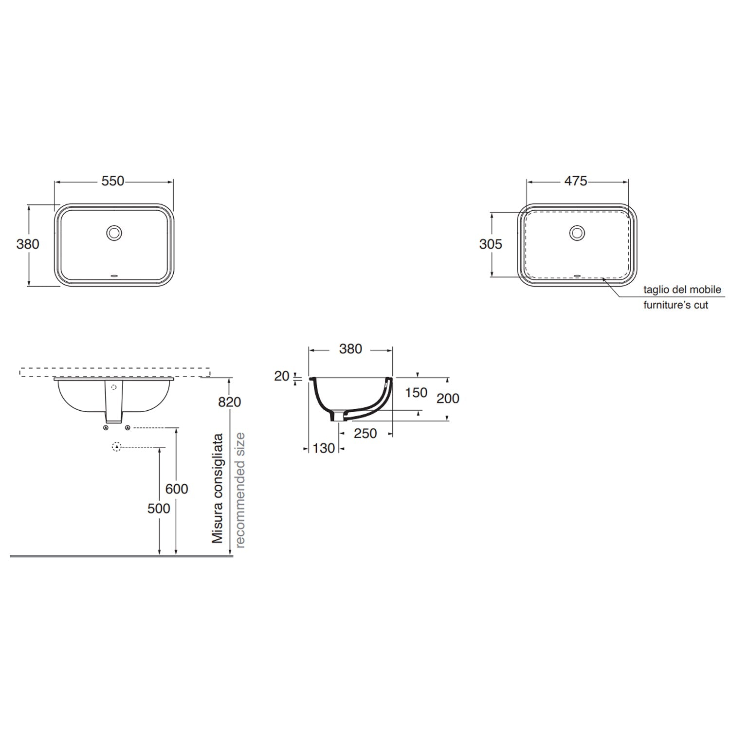  Lavabo sottopiano Azzurra Built-in Under 55x38 cm con foro troppopieno - Bianco lucido by CeramicStore | Lo specialista del tuo bagno