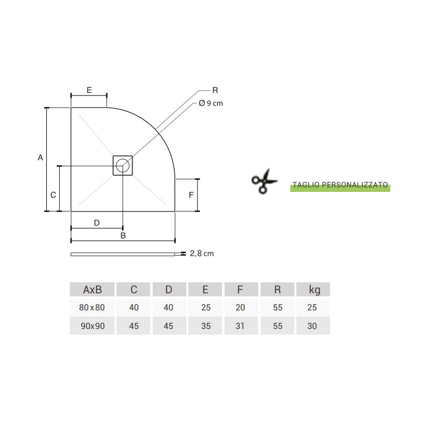 Piatto doccia semicircolare 90x90 in marmoresina DocciaGo  bianco modello Infinity Stone H 2,8 cm tutto pieno 3