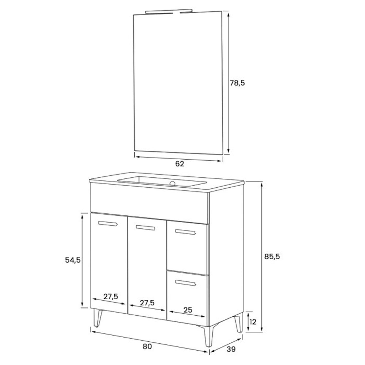 Composizione bagno da terra Cubi&Co serie Grace 80 cm con due cassetti e due ante - Bianco lucido 3