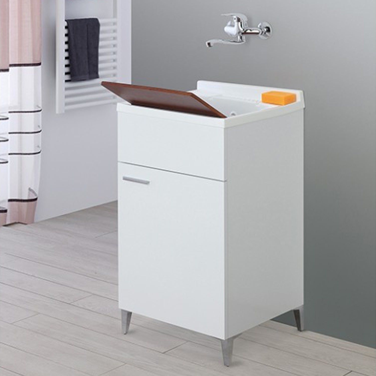 Mobile lavatoio da terra Cubi&Co linea Star 50 cm con vasca in resina - Bianco lucido
