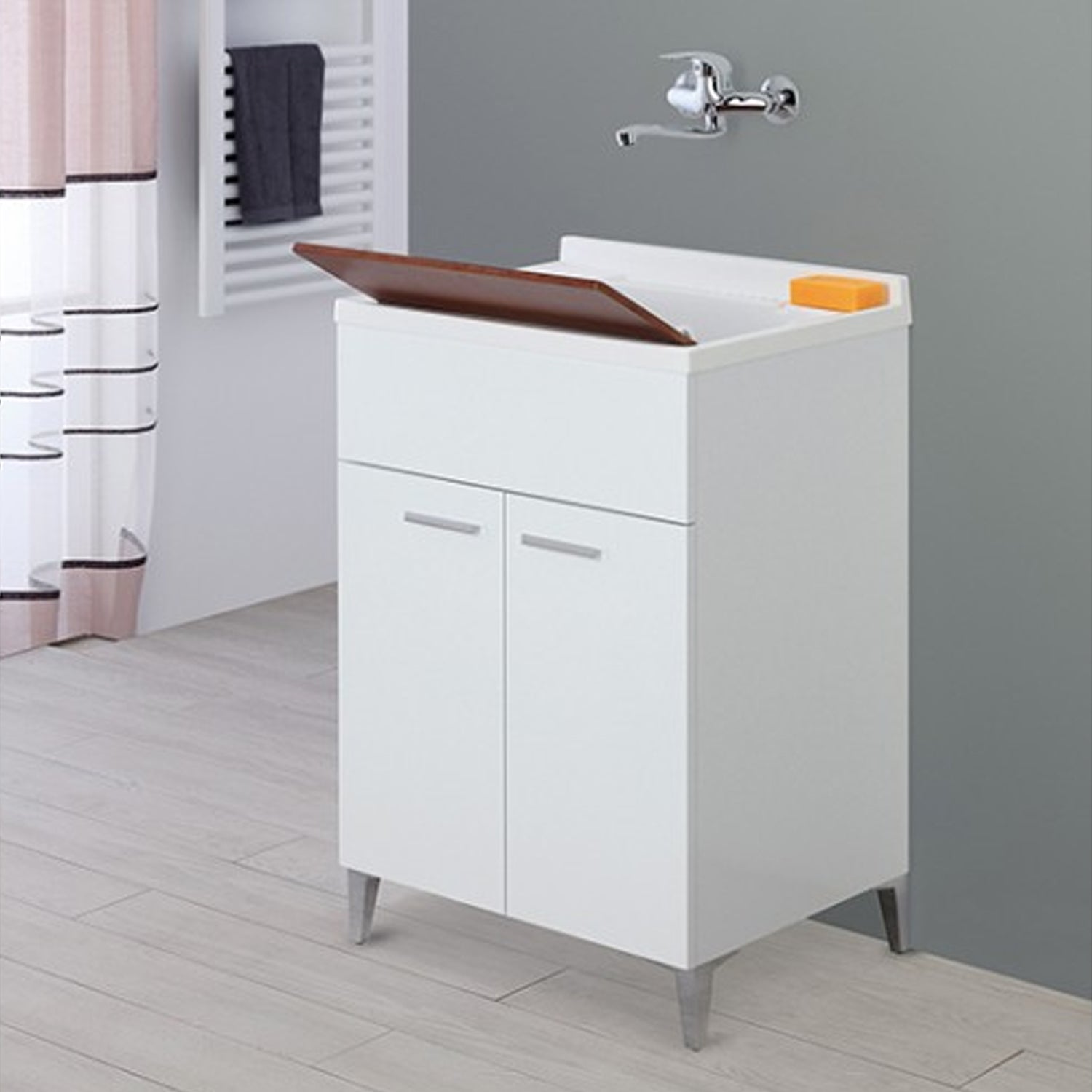 Mobile lavatoio da terra Cubi&Co linea Star 60 cm con vasca in resina - Bianco lucido