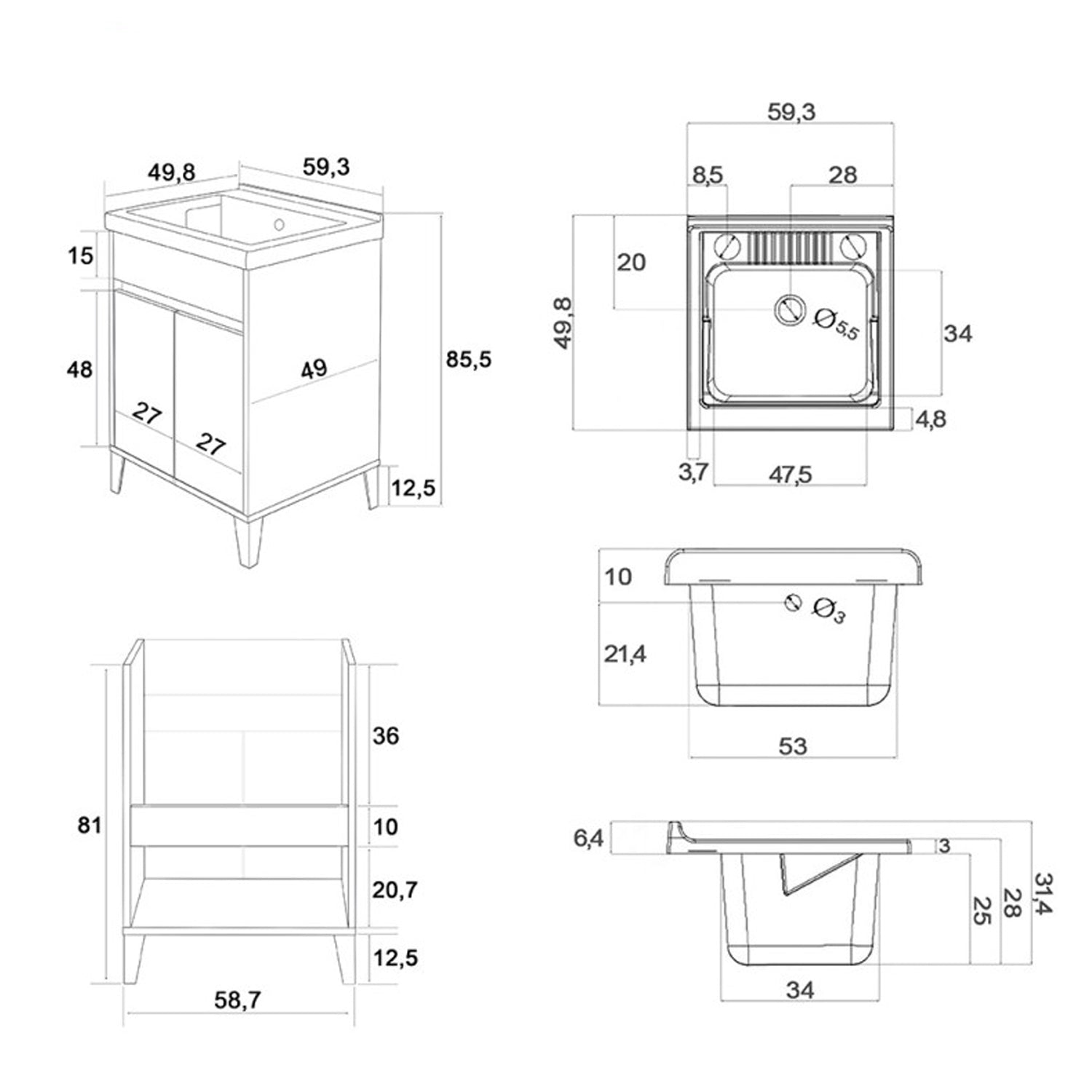 Mobile lavatoio da terra Cubi&Co linea Mondial 60 cm con vasca in resina - Bianco laccato 2
