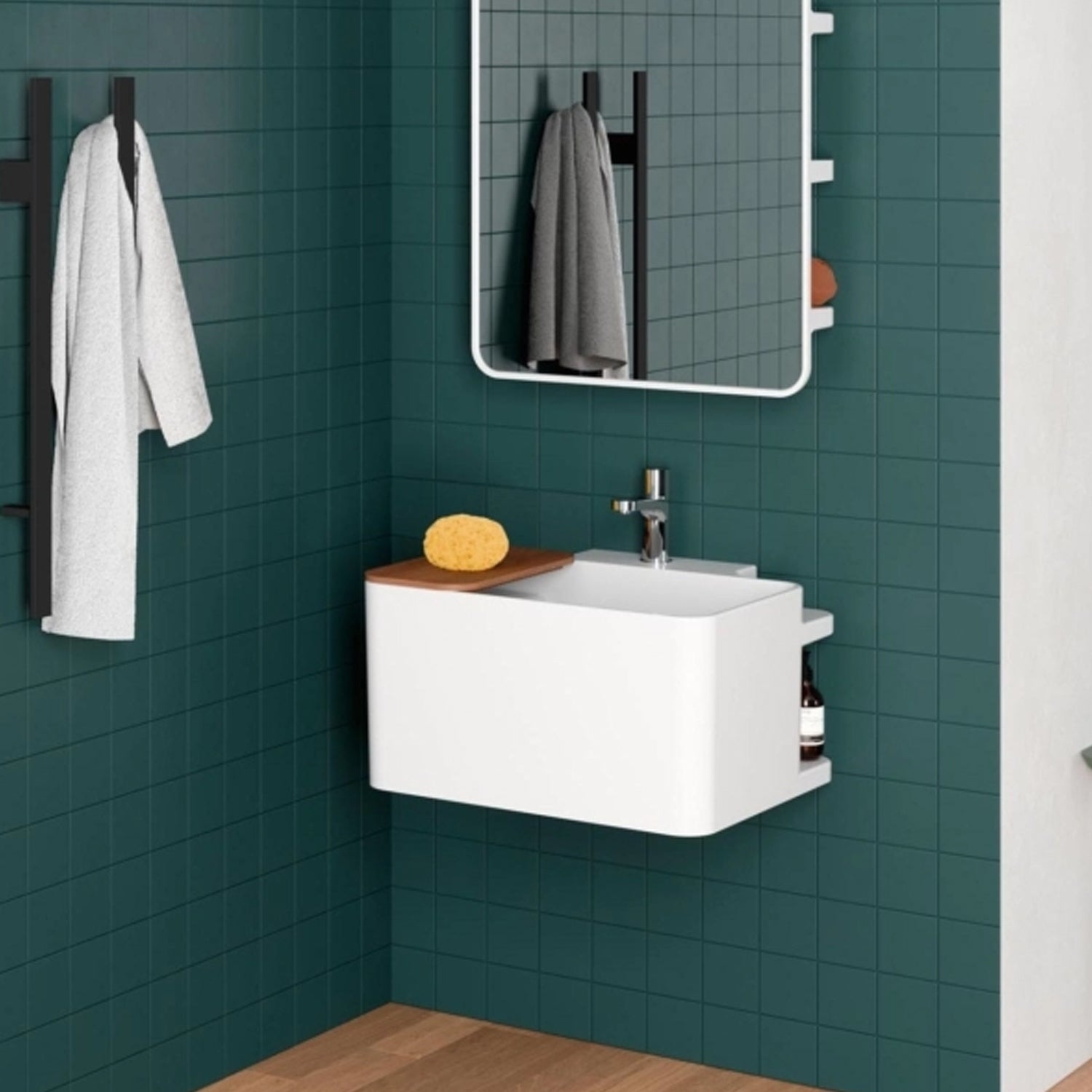  Lavabo sospeso Azzurra Anfibio 60x50 cm con piano in legno con foro rubinetteria - Bianco lucido by CeramicStore | Lo specialista del tuo bagno