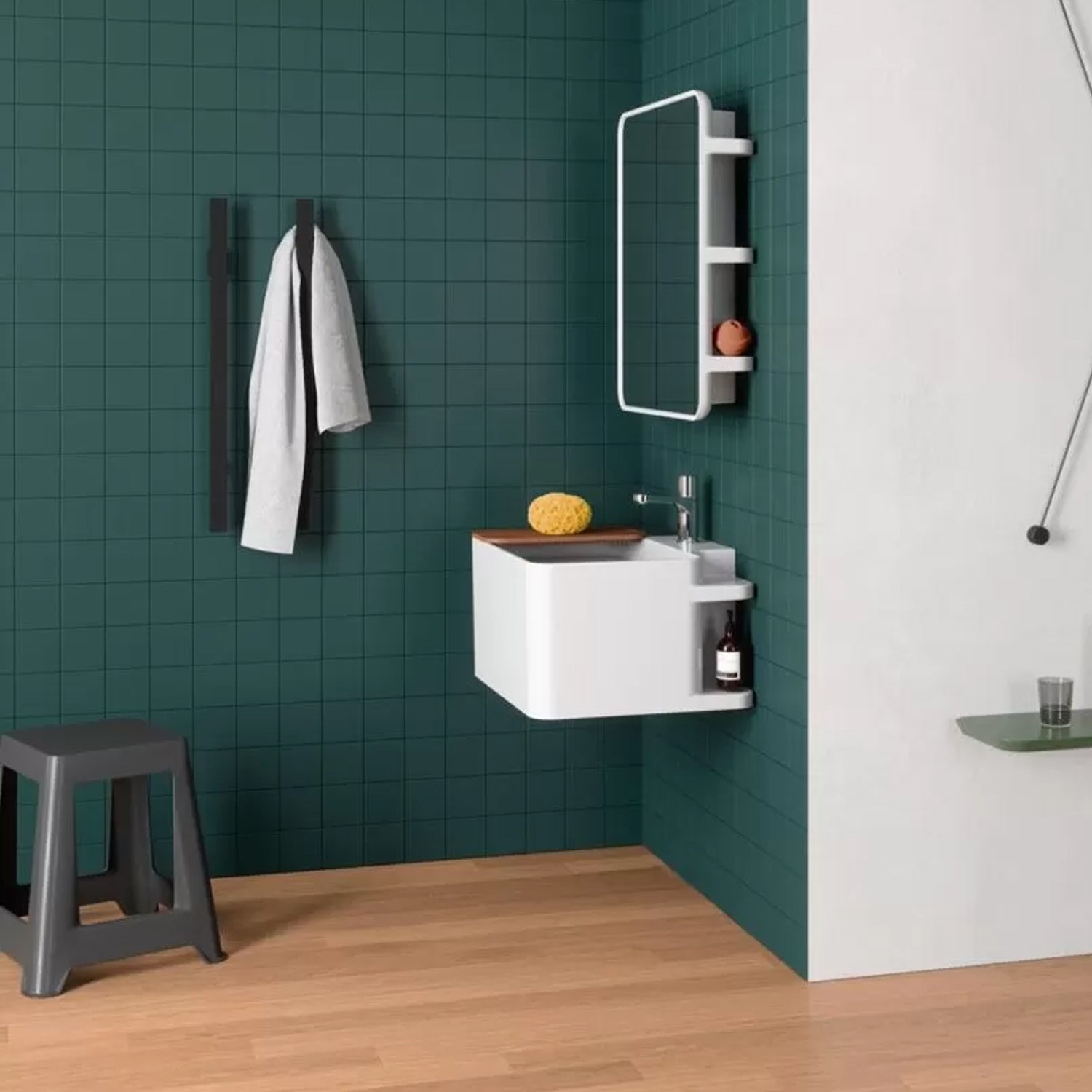  Lavabo sospeso Azzurra Anfibio 60x50 cm con piano in legno con foro rubinetteria - Bianco lucido by CeramicStore | Lo specialista del tuo bagno