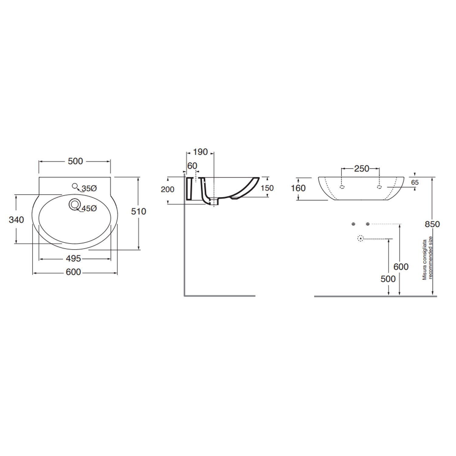  Lavabo Azzurra Clik con colonna 60x51xH88 cm con foro rubinetteria - Bianco lucido