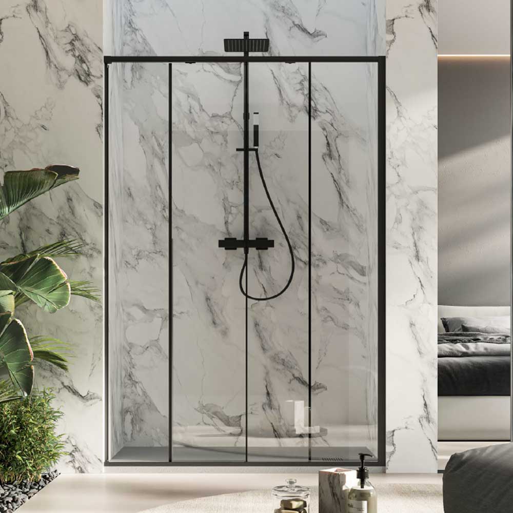 Porta doccia scorrevole Prestige cm 130 in cristallo da 6 mm e profilo minimale in alluminio colore Nero Opaco. Versione Destra by CeramicStore | Lo specialista del tuo bagno