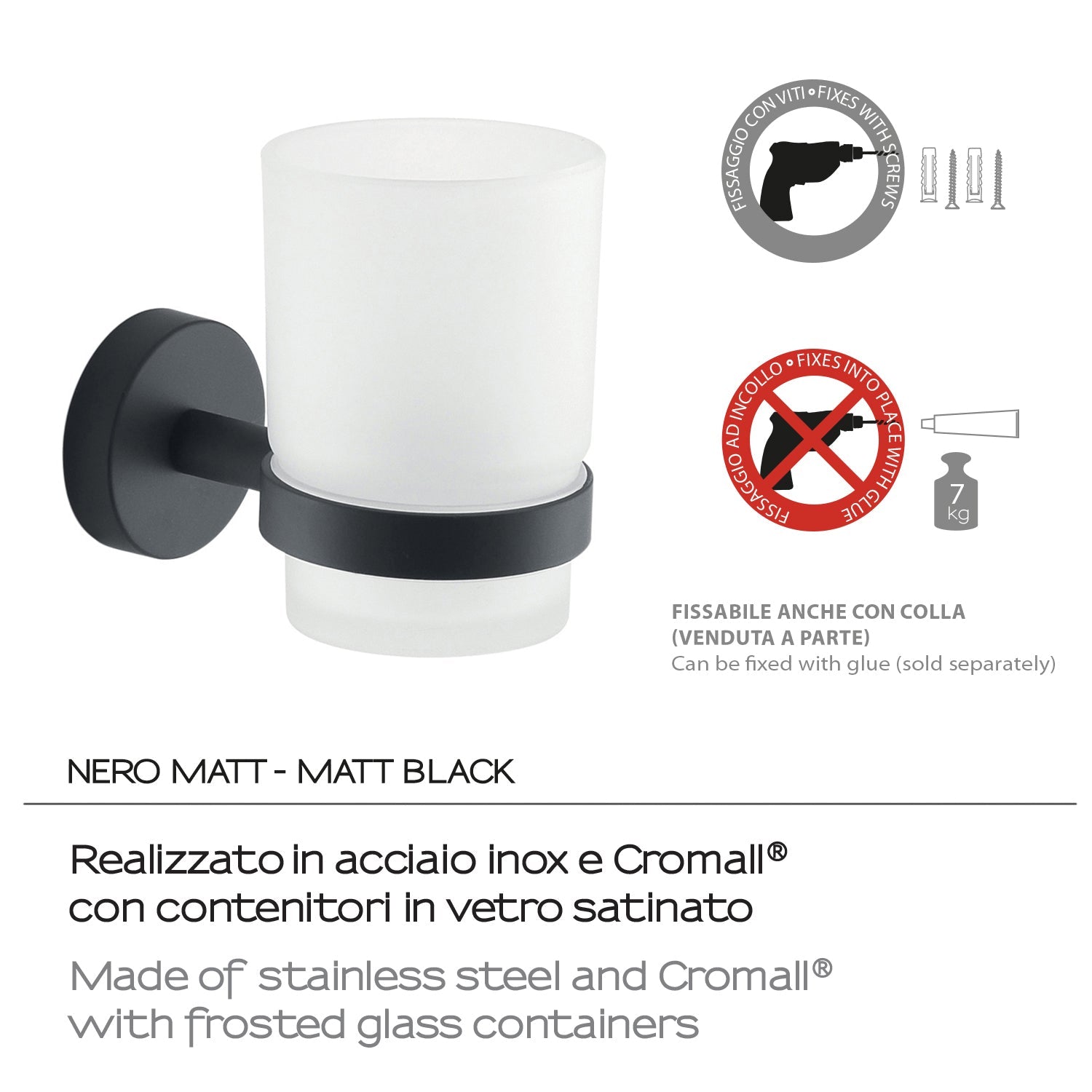  Portaspazzolini a muro in Acciaio Inox Eros di Gedy - Nero Matt