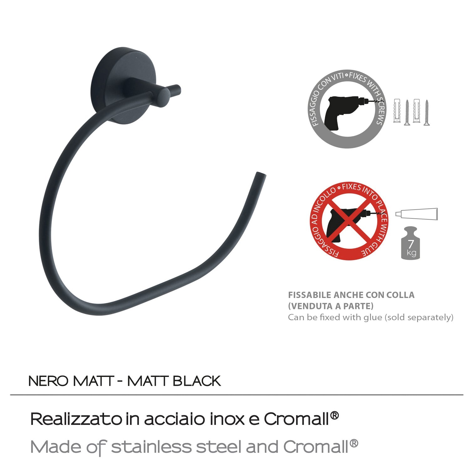  Portasalviette ad anello a muro in Acciaio Inox Eros di Gedy - Nero Matt by CeramicStore | Lo specialista del tuo bagno