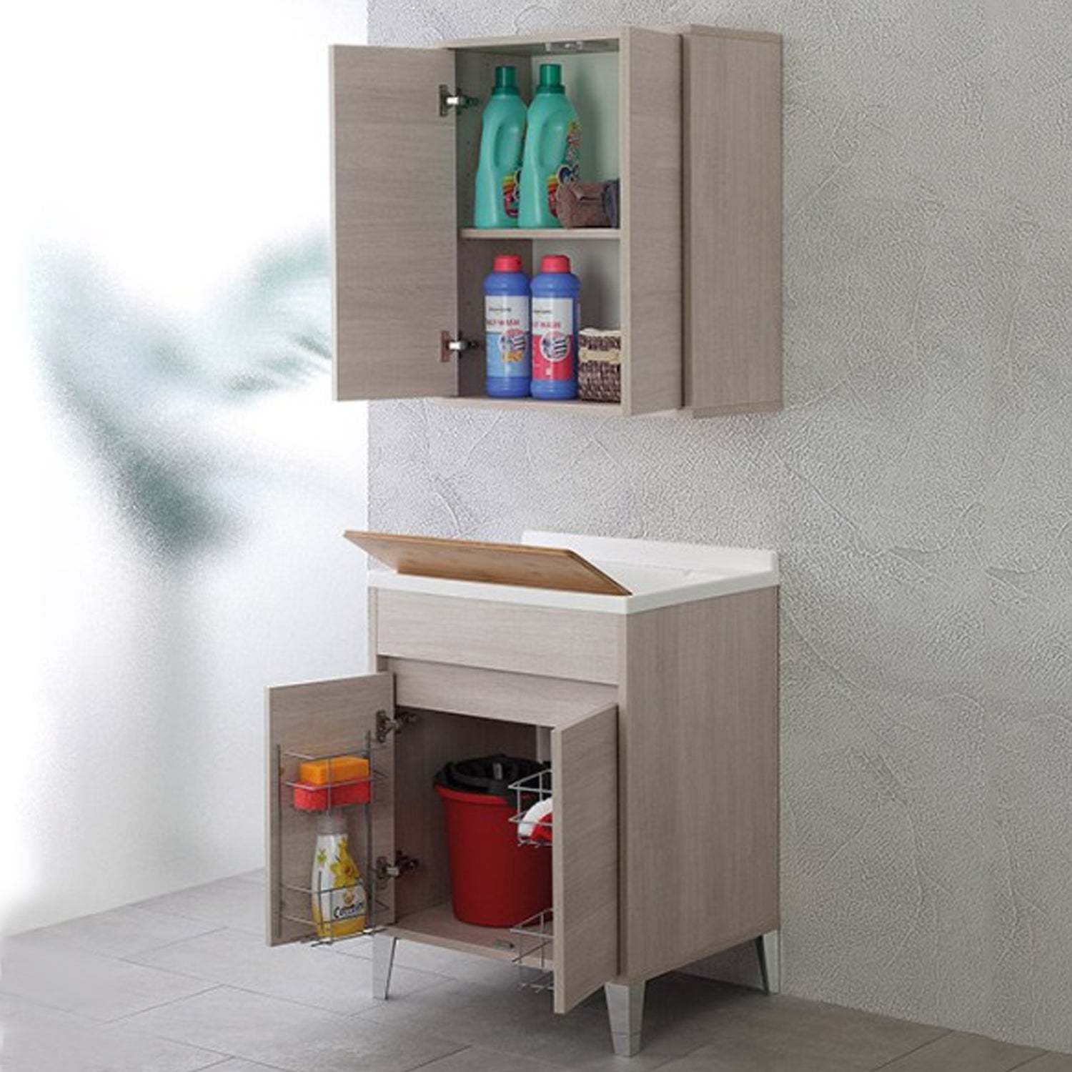 Mobile lavatoio da terra Cubi&Co linea Mondial 60 cm con vasca in resina - Rovere chiaro 3