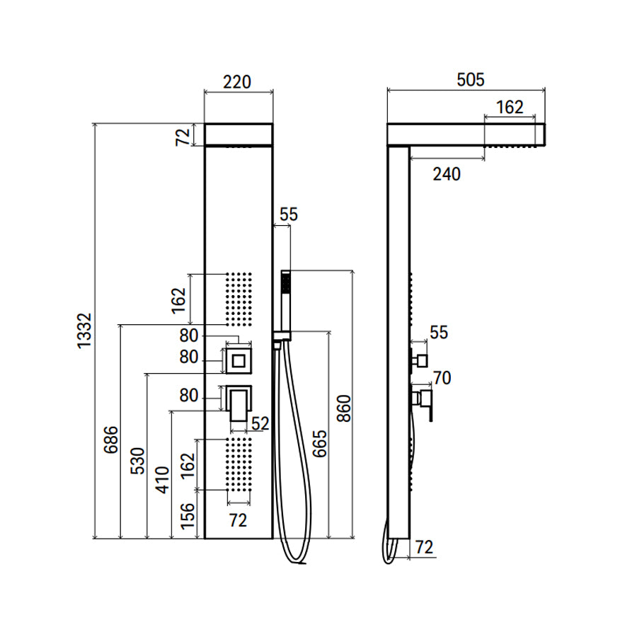 Pannello Doccia Idromassaggio in acciaio Inox Spazzolato con cascata modello Agata 3