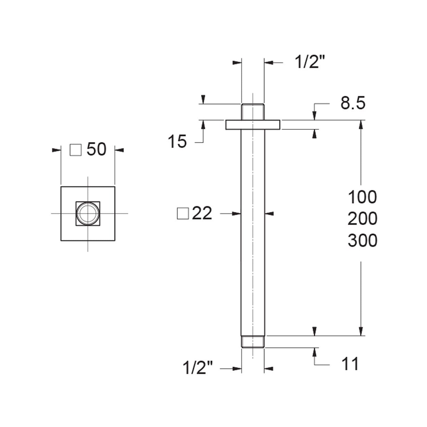  Braccio doccia a soffitto 22x22mm lunghezza 200mm by CeramicStore | Lo specialista del tuo bagno