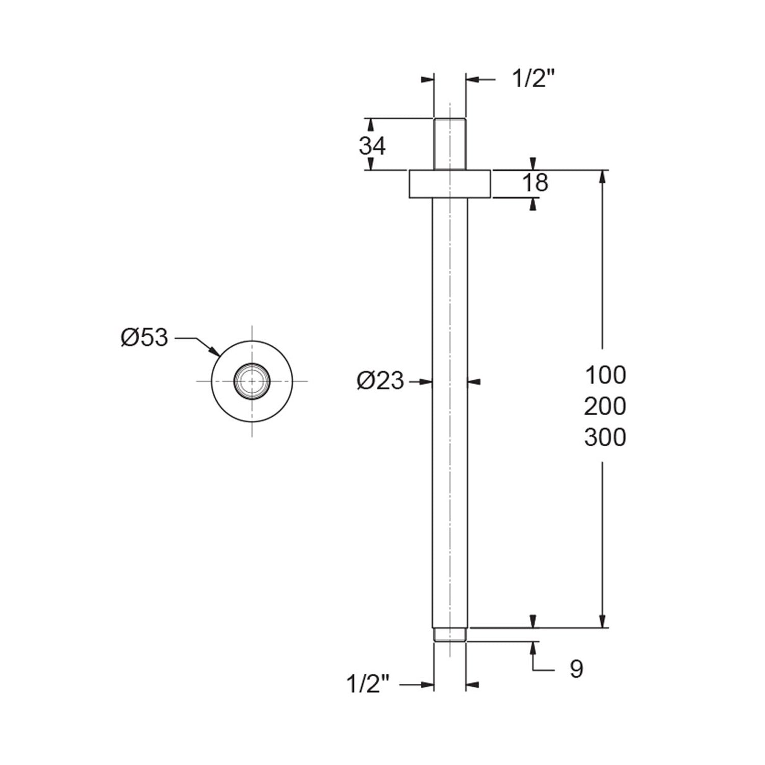  Braccio doccia a soffitto 23mm x 100mm bianco opaco by CeramicStore | Lo specialista del tuo bagno