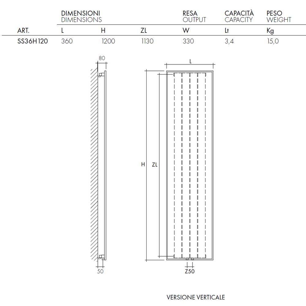  Termoarredo idraulico 120x36 cm interasse mm 50 Modello 'Il bacio di Hayez' Termocrea by CeramicStore | Lo specialista del tuo bagno