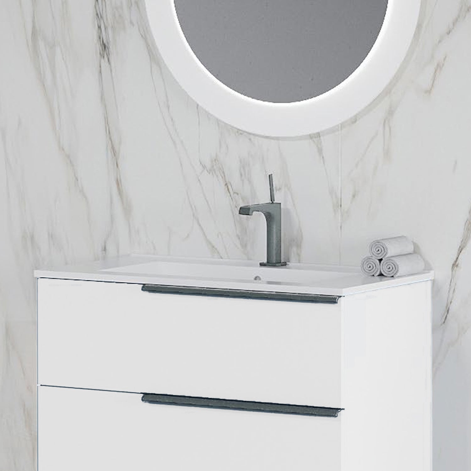  Mobile bagno con lavabo in ceramica e specchio led cm 80 colore Bianco Alaska- Cubi&Co modello Symmetry 1 by CeramicStore | Lo specialista del tuo bagno