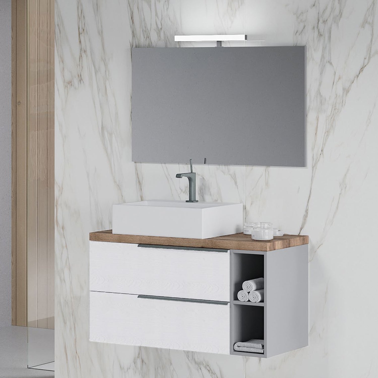 Mobile bagno con lavabo in ceramica specchio e lampada cm 100 colore Bianco Alaska- Cubi&Co modello Symmetry 3 by CeramicStore | Lo specialista del tuo bagno