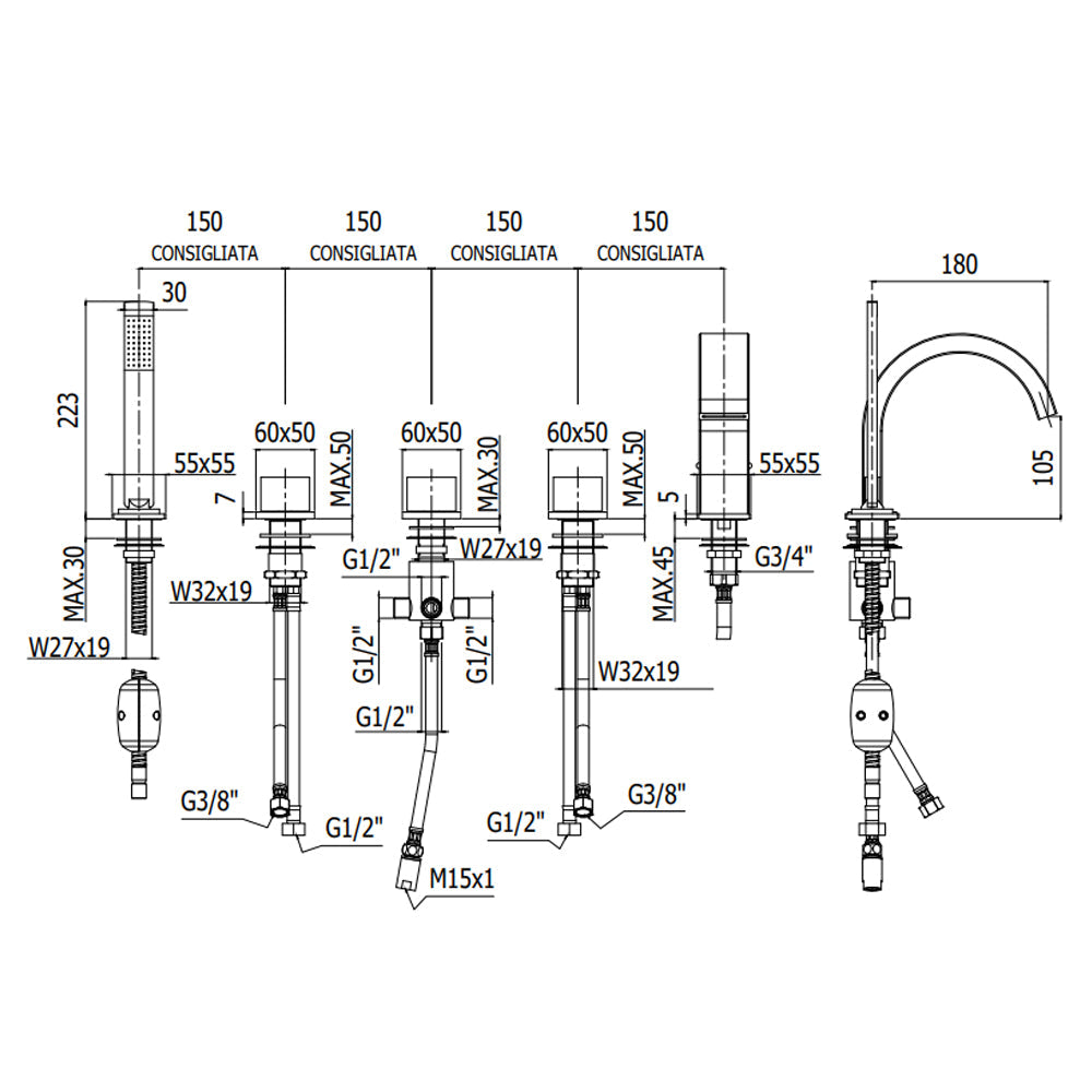  Batteria bordo vasca 5 fori c/bocca con leva piatta Paffoni Level by CeramicStore | Lo specialista del tuo bagno