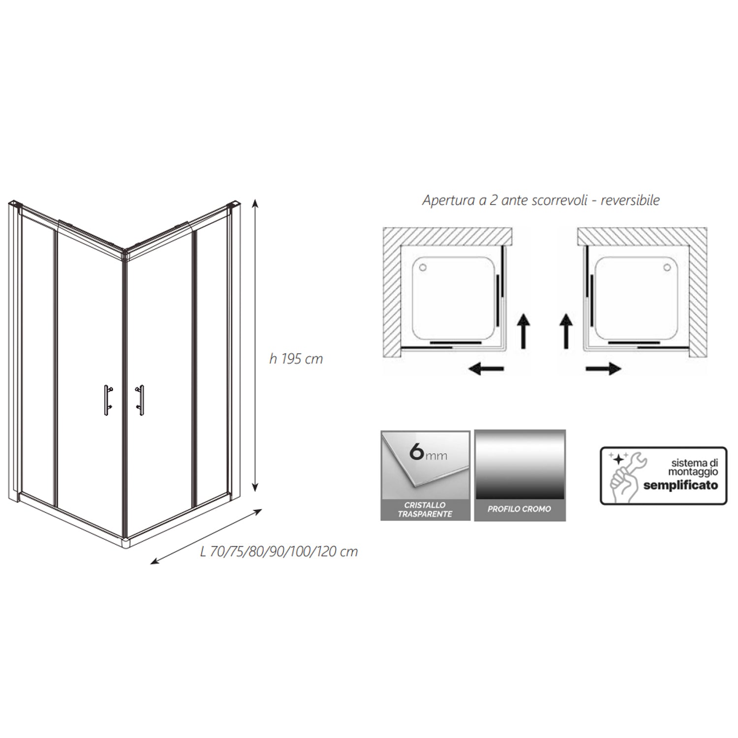 Box doccia angolare DocciaGo serie Zenith 120x100 cm con ante scorrevoli - Cromo 2