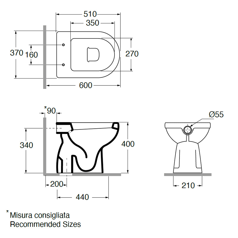 Sanitari con scarico a terra e sedile in poliestere Ceramica Azzurra modello 'Diana' cm 55 15