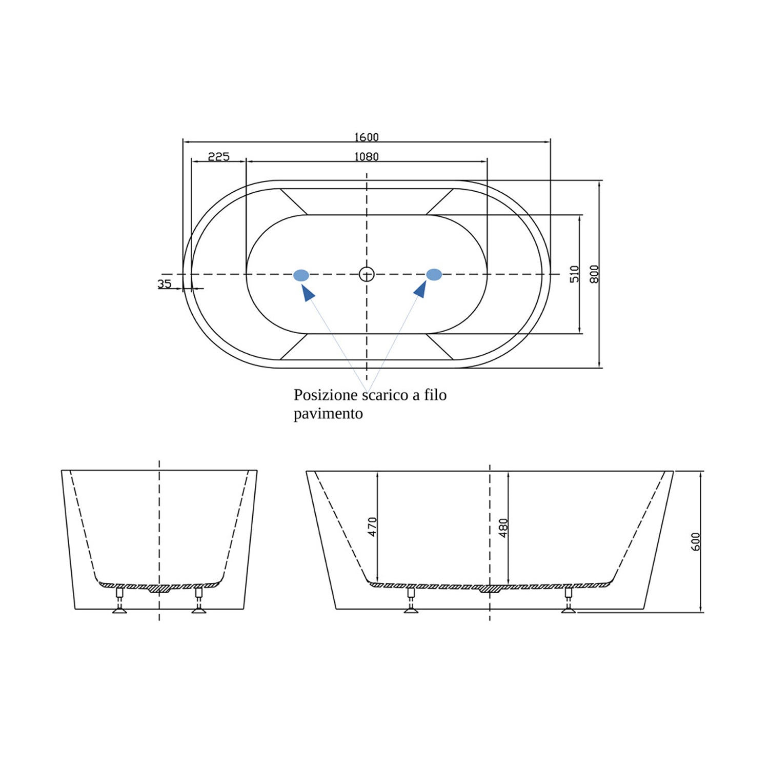  Vasca Freestanding modello Viterbo con troppo pieno cm 160x80xh60 - Bianco Lucido by CeramicStore | Lo specialista del tuo bagno
