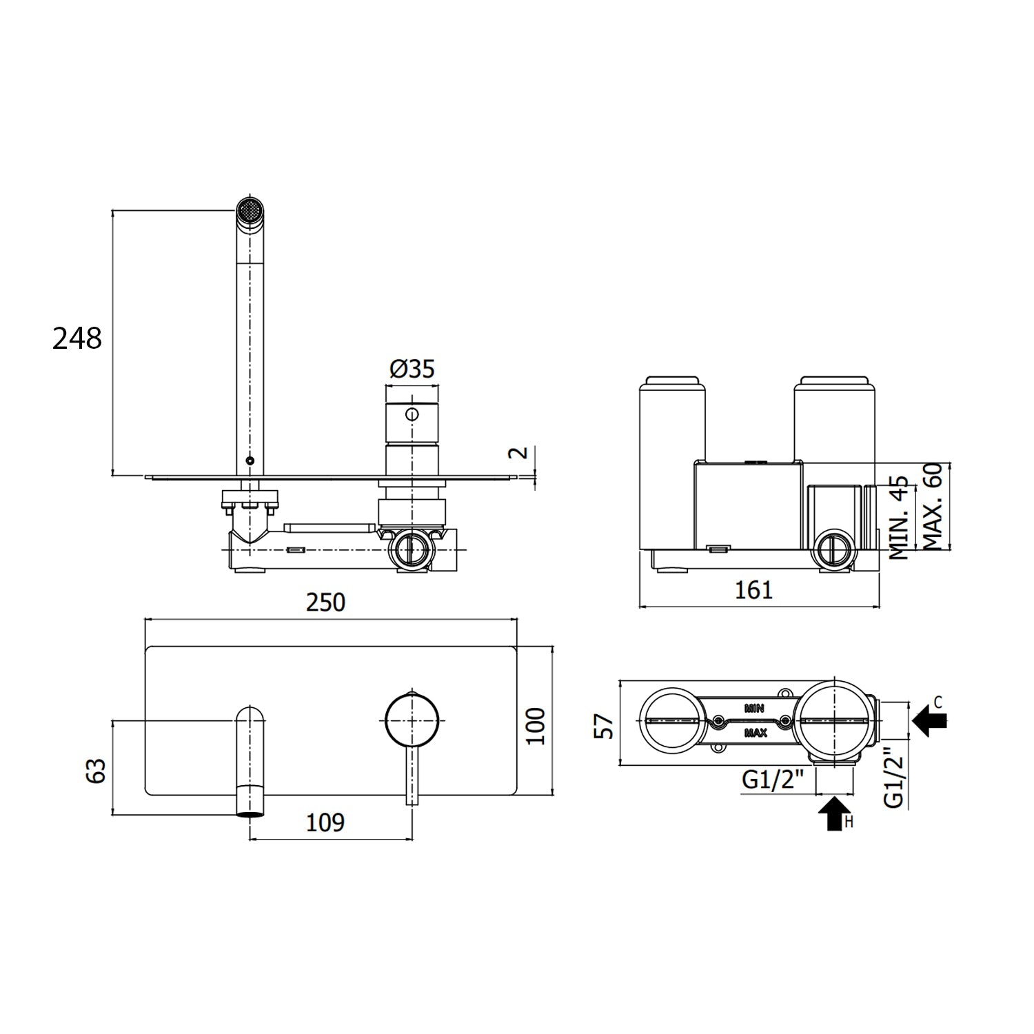  Miscelatore lavabo incasso con piastra in acciaio e bocca a muro 248 mm Paffoni Light Cromato by CeramicStore | Lo specialista del tuo bagno