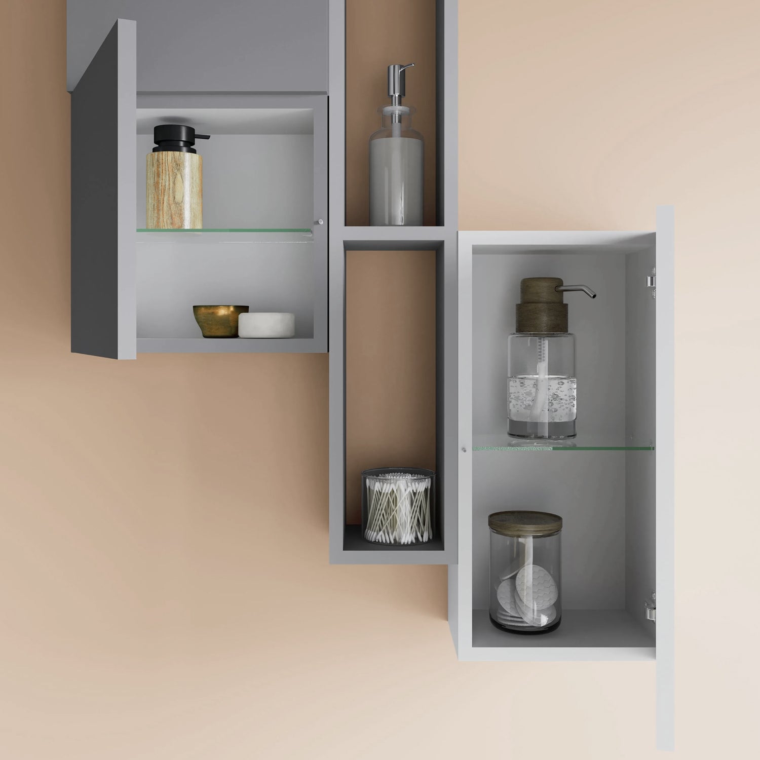  Mobile bagno con lavabo d'appoggio in ceramica e specchio led cm 80 bianco lucido e rovere fossile - Cubi&Co modello Destiny 2 by CeramicStore | Lo specialista del tuo bagno