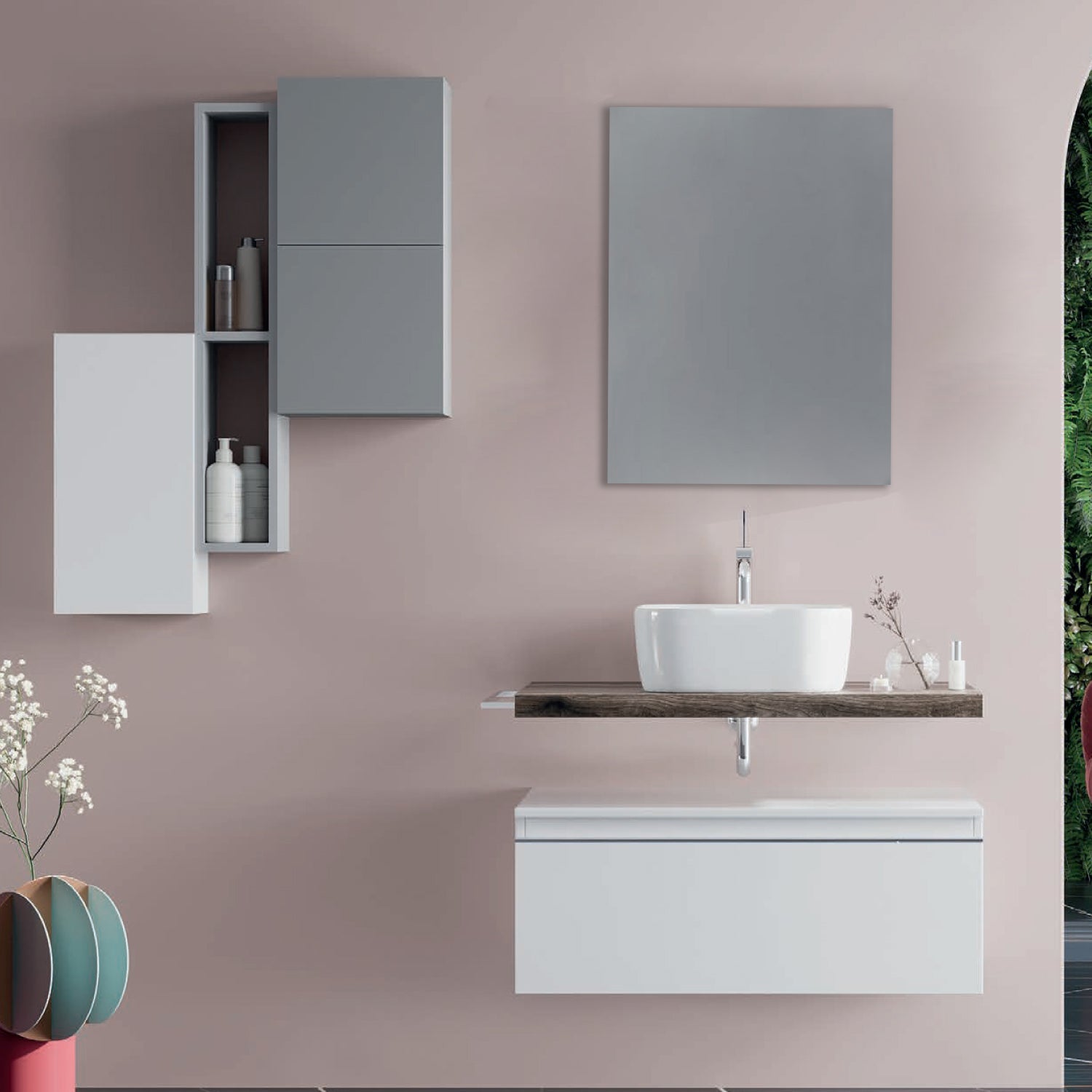  Mobile bagno con lavabo d'appoggio in ceramica e specchio cm 80 rovere fossile e bianco lucido - Cubi&Co modello Destiny 2 by CeramicStore | Lo specialista del tuo bagno