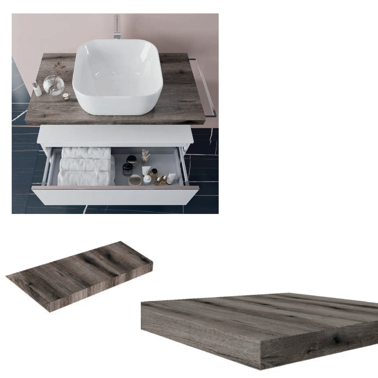  Mobile bagno con lavabo d'appoggio in ceramica e specchio led cm 80 rovere fossile e bianco opaco- Cubi&Co modello Destiny 2 by CeramicStore | Lo specialista del tuo bagno