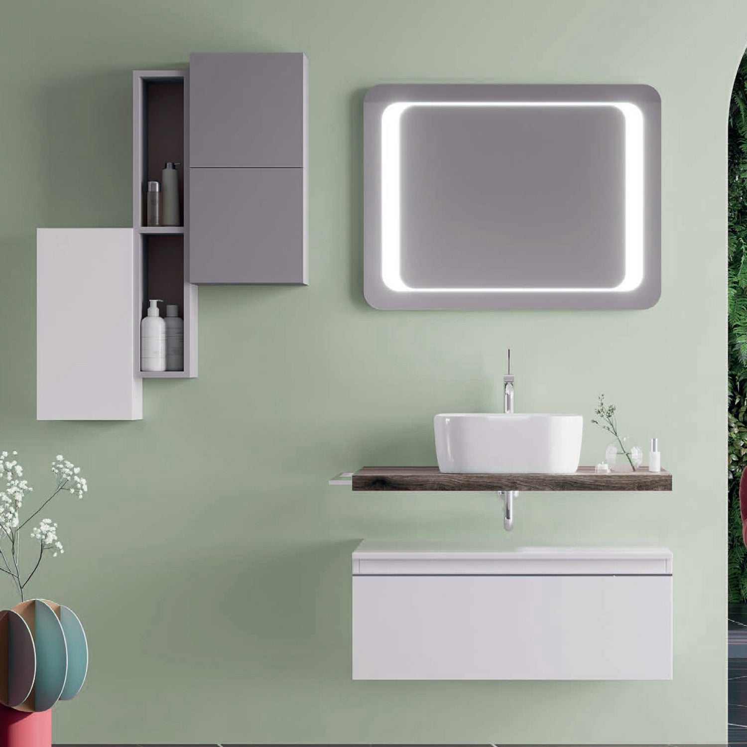  Mobile bagno con lavabo d'appoggio in ceramica e specchio led cm 80 rovere fossile e bianco opaco- Cubi&Co modello Destiny 2 by CeramicStore | Lo specialista del tuo bagno