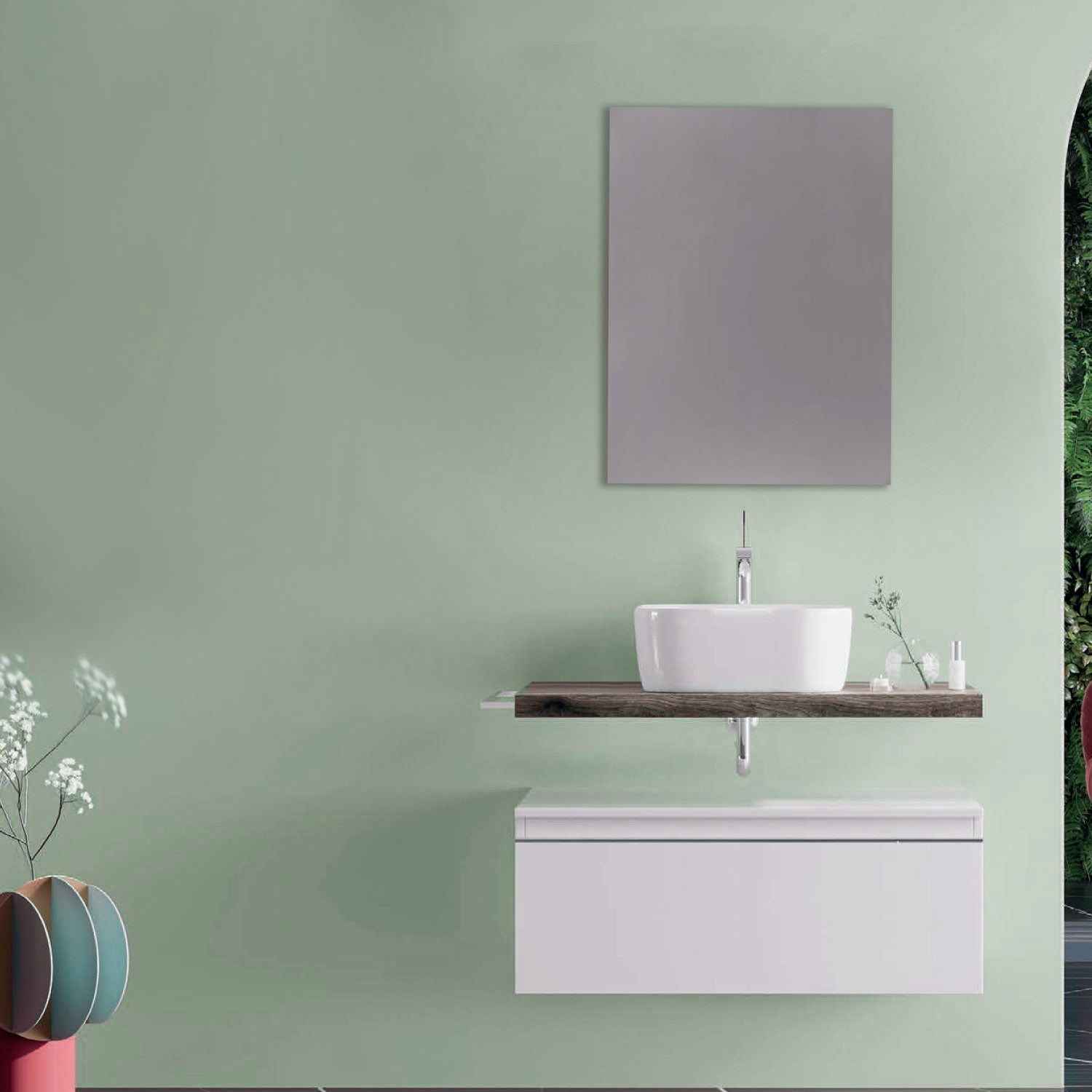 Mobile bagno con lavabo d'appoggio in ceramica e specchio cm 80 rovere fossile e bianco opaco- Cubi&Co modello Destiny 2 by CeramicStore | Lo specialista del tuo bagno