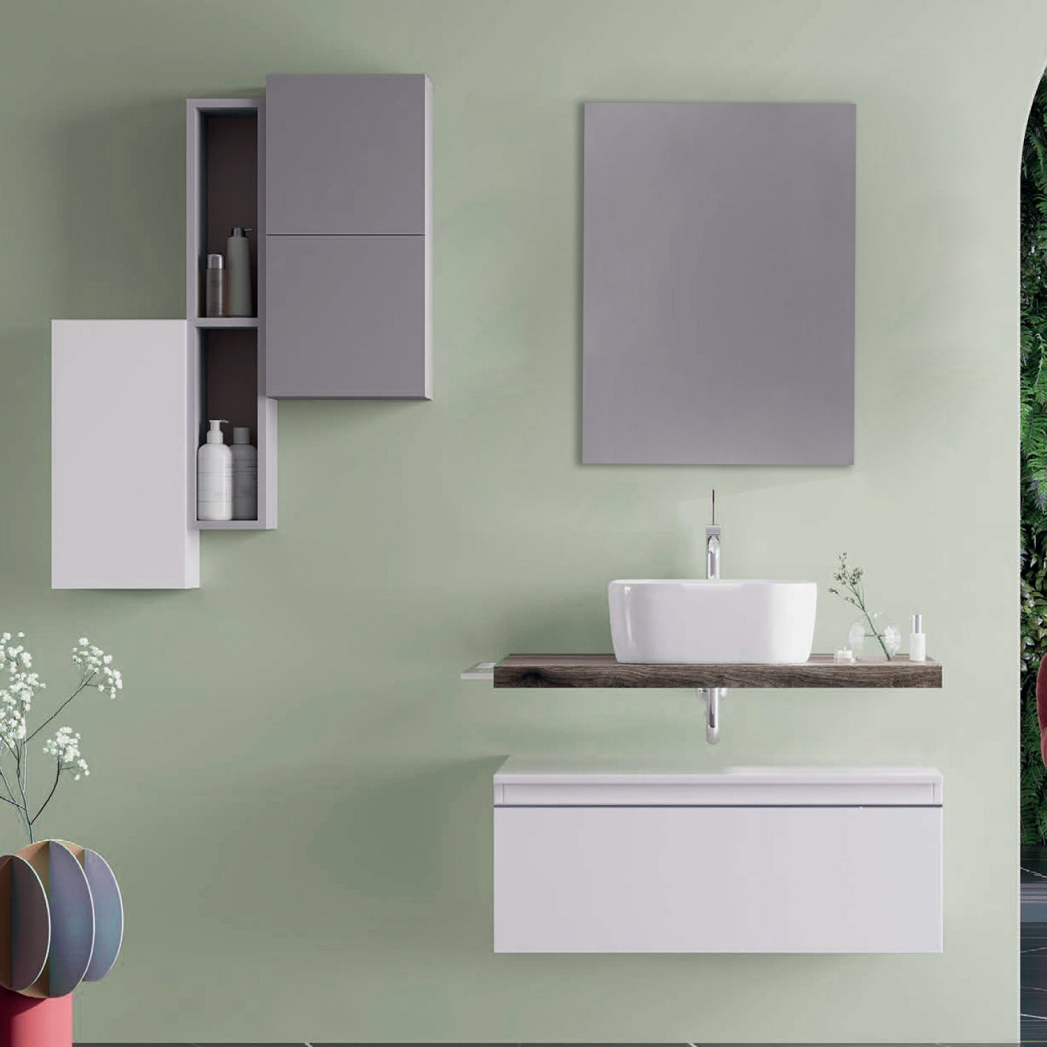  Mobile bagno con lavabo d'appoggio in ceramica e specchio cm 80 rovere fossile e bianco opaco- Cubi&Co modello Destiny 2 by CeramicStore | Lo specialista del tuo bagno